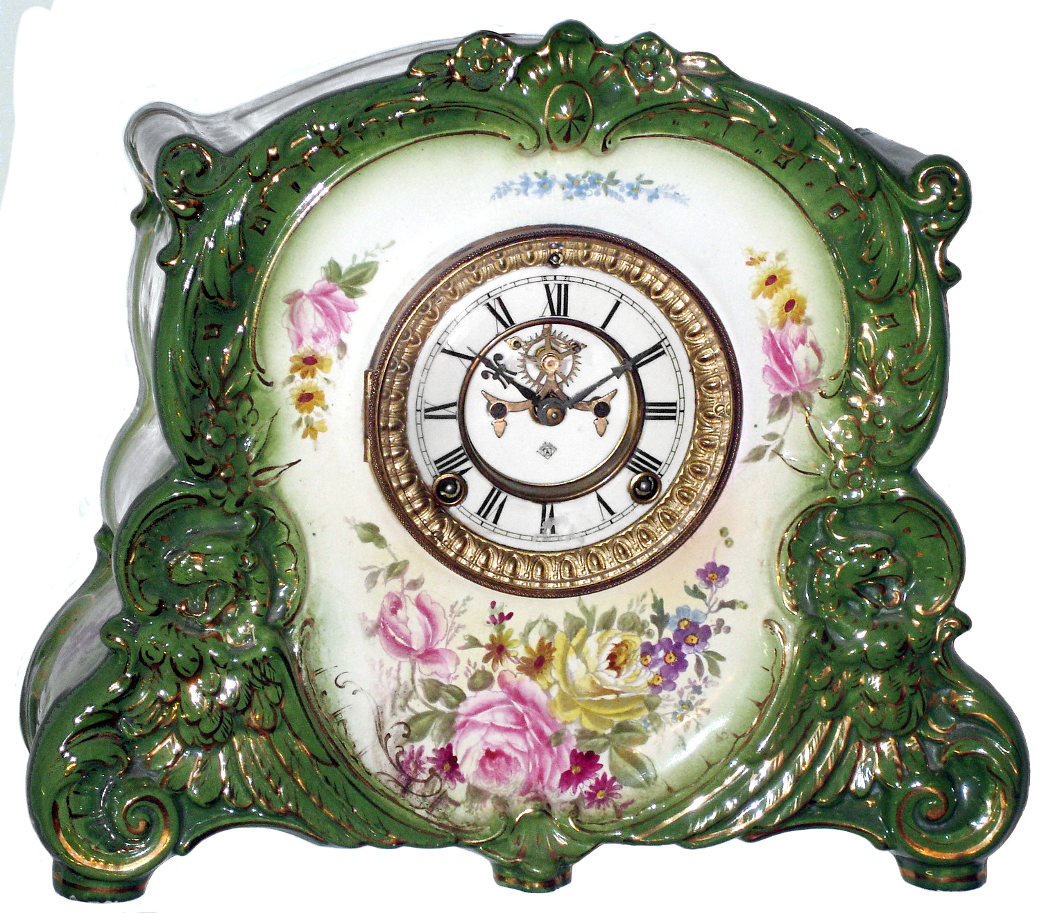 Ansonia Clock Co., New York, NY, "La Corsia" Royal Bonn, 8 day, time and strike, porcelain mantel clock with visible escapement, c1901 — Antique Clocks Price Guide