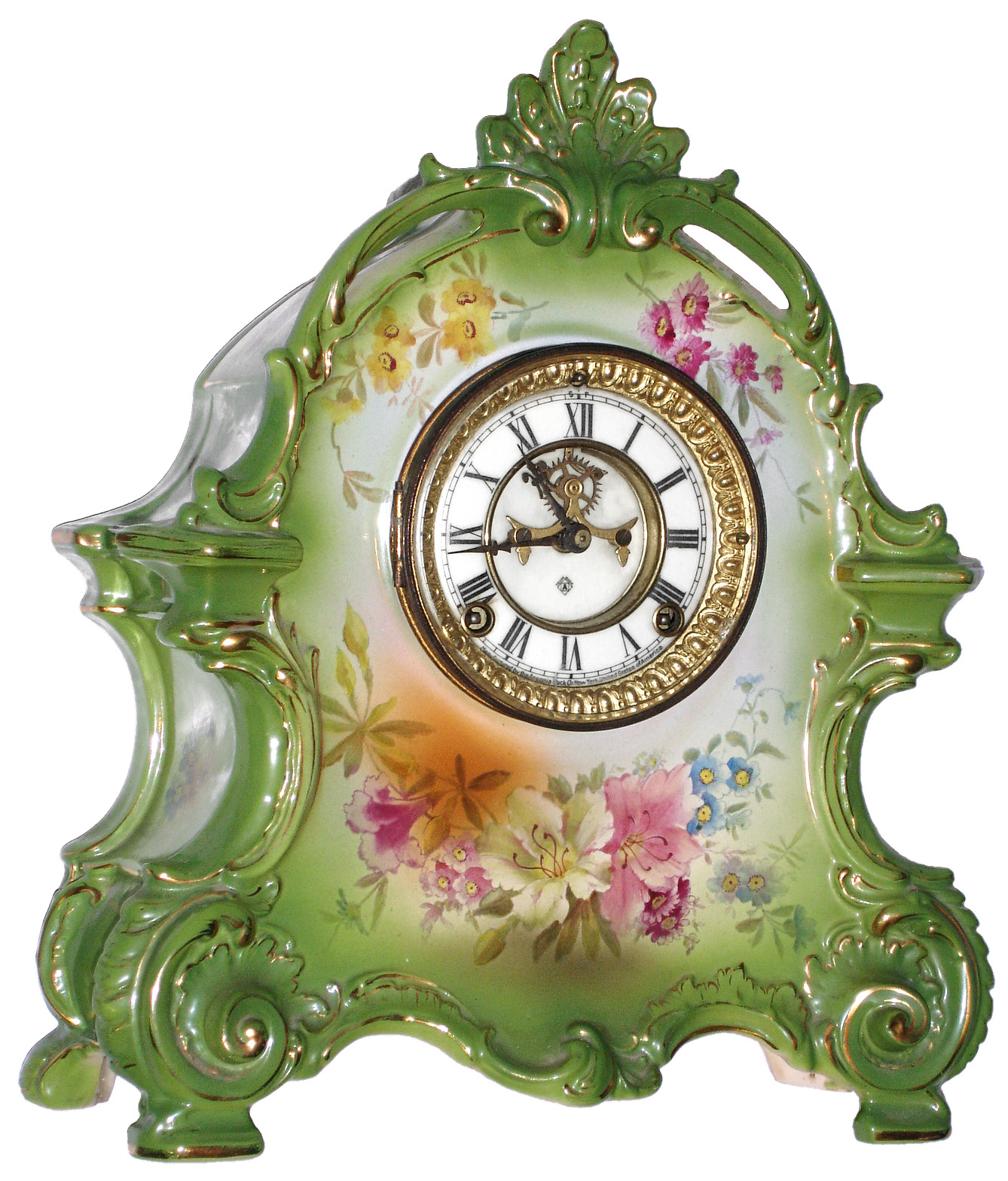 Ansonia Clock Co., New York, NY, "La Bretagne" Royal Bonn, 8 day, time and strike, porcelain mantel clock with visible escapement, c1904 — Antique Clocks Price Guide