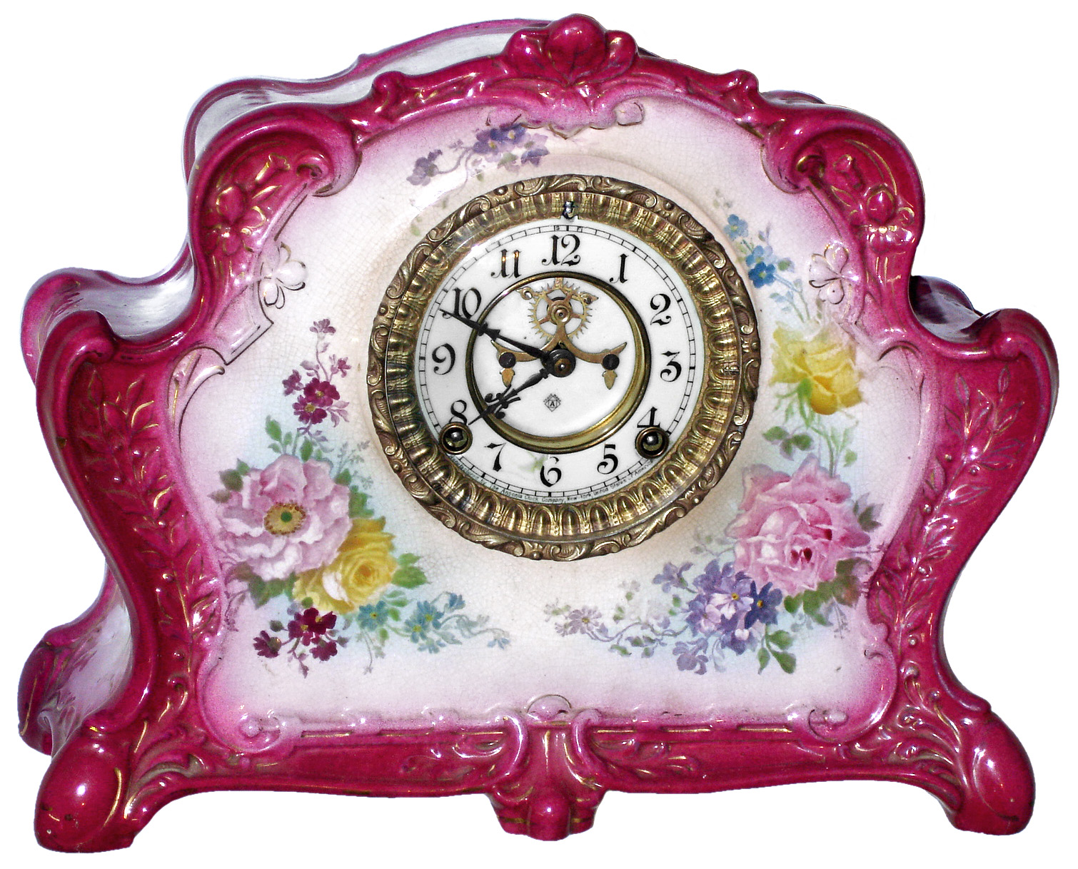 Ansonia Clock Co., New York, NY, "La Rita" Royal Bonn, 8 day, time and strike, porcelain mantel clock with visible escapement, c1901 — Antique Clocks Price Guide
