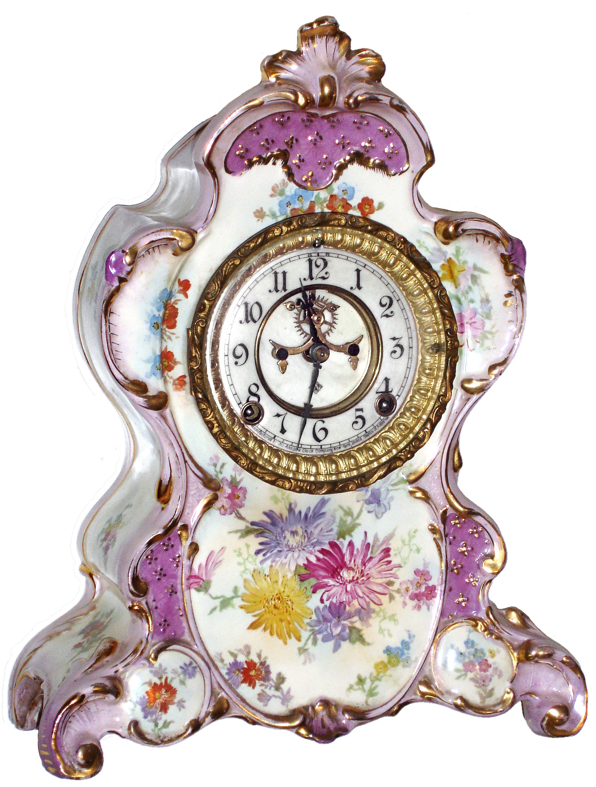 Ansonia Clock Co., New York, NY, "No. 503" Royal Bonn, 8 day, time and strike, porcelain mantel clock with visible escapement, c1895 — Antique Clocks Price Guide