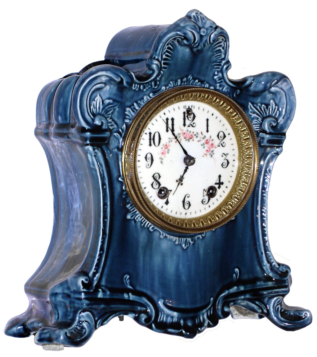 Gilbert Clock Co., Winsted, Conn, "Melba" Majolica finish, 8 day, time and strike, porcelain mantel clock, c1898 — Antique Clocks Price Guide