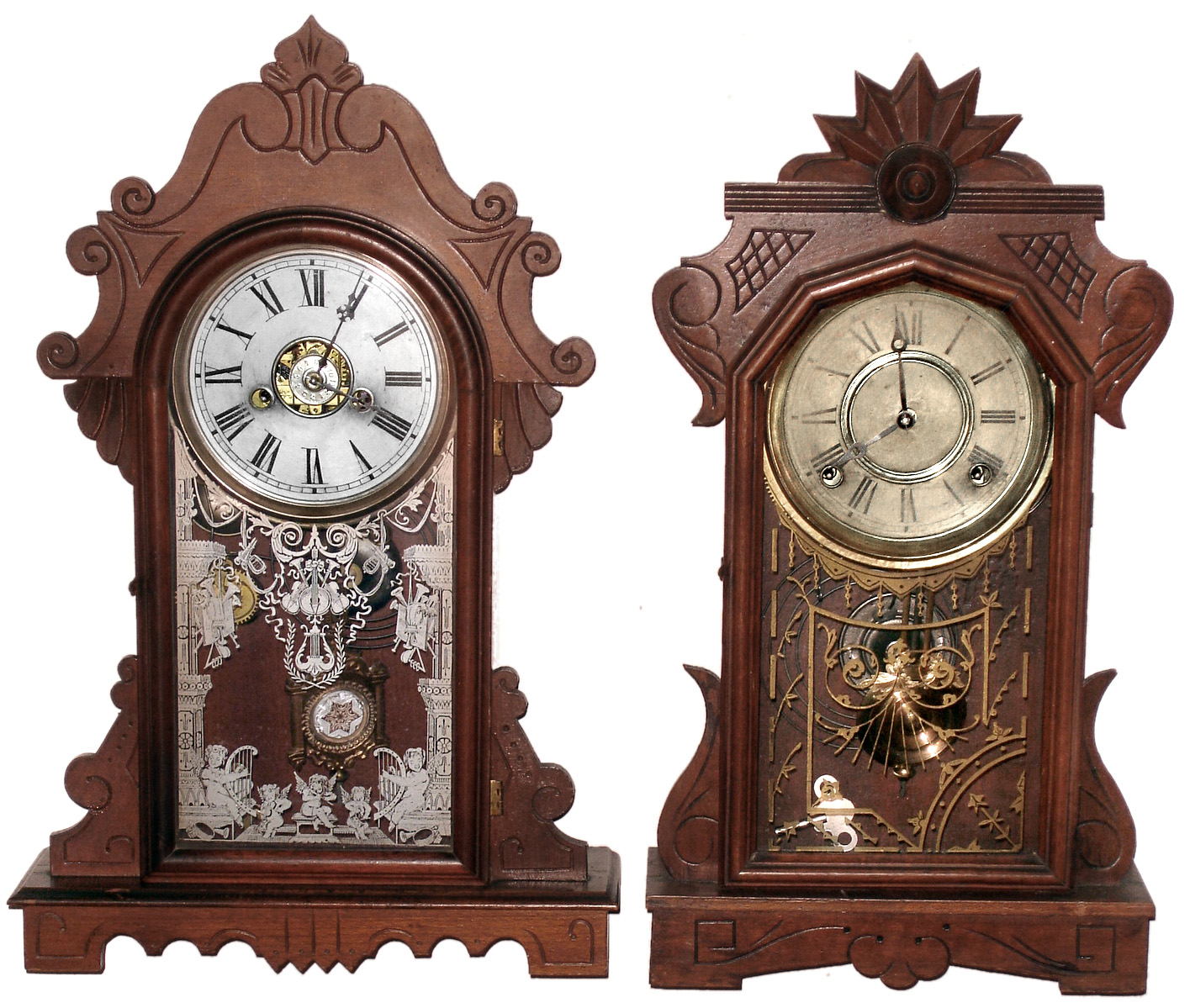 Clocks- 3 (Three) Connecticut time and strike shelf clocks: Welch, Spring and Co. "Theo" 30 hour; E. Ingraham Phoenix 8 day and a pressed oak gingerbread, c1880 — Antique Clocks Price Guide
