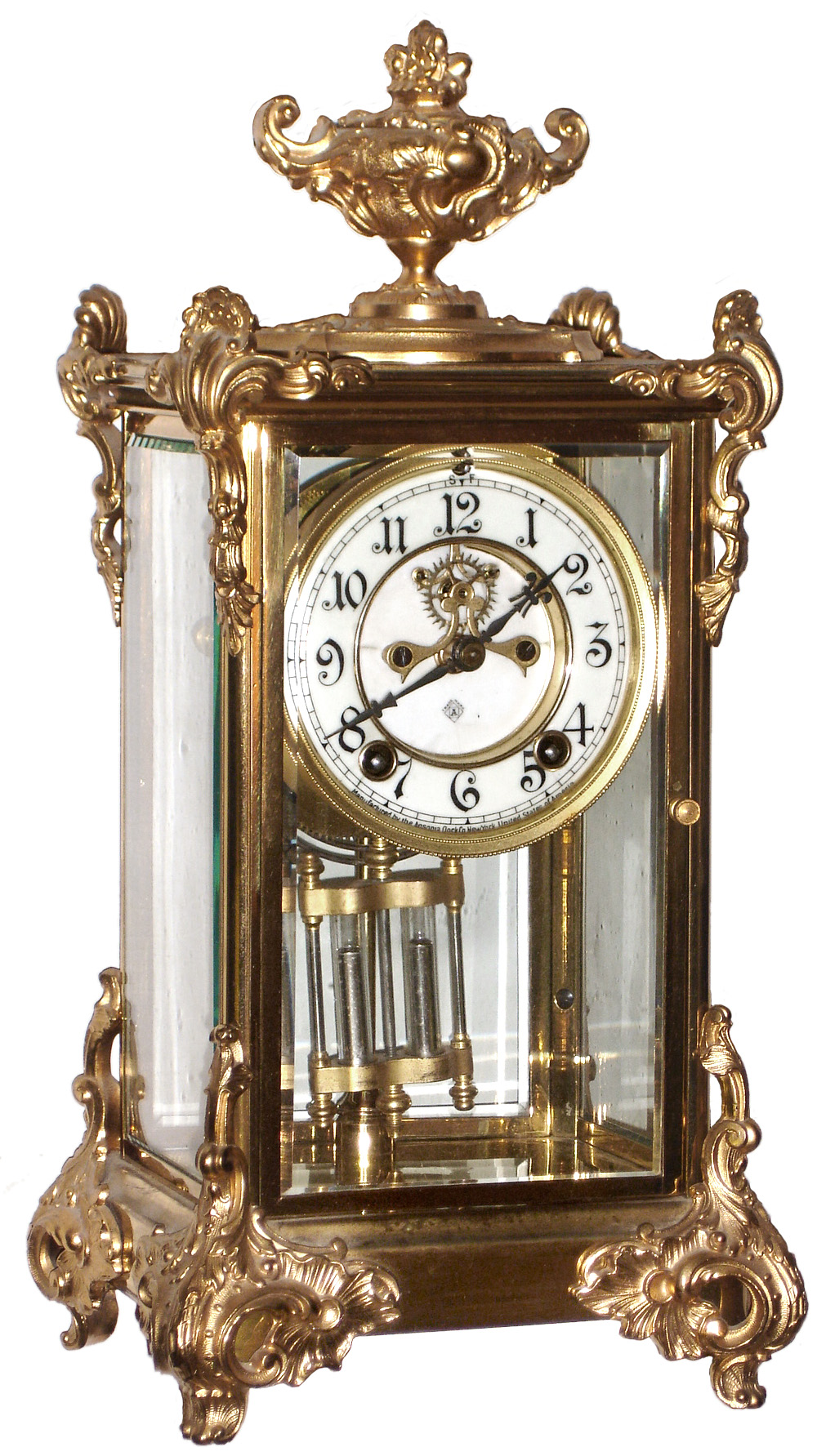 Ansonia Clock Co., New York, NY, "Marquis", 8 day, time and strike, brass and glass crystal regulator mantel clock with visible escapement, c1904 — Antique Clocks Price Guide