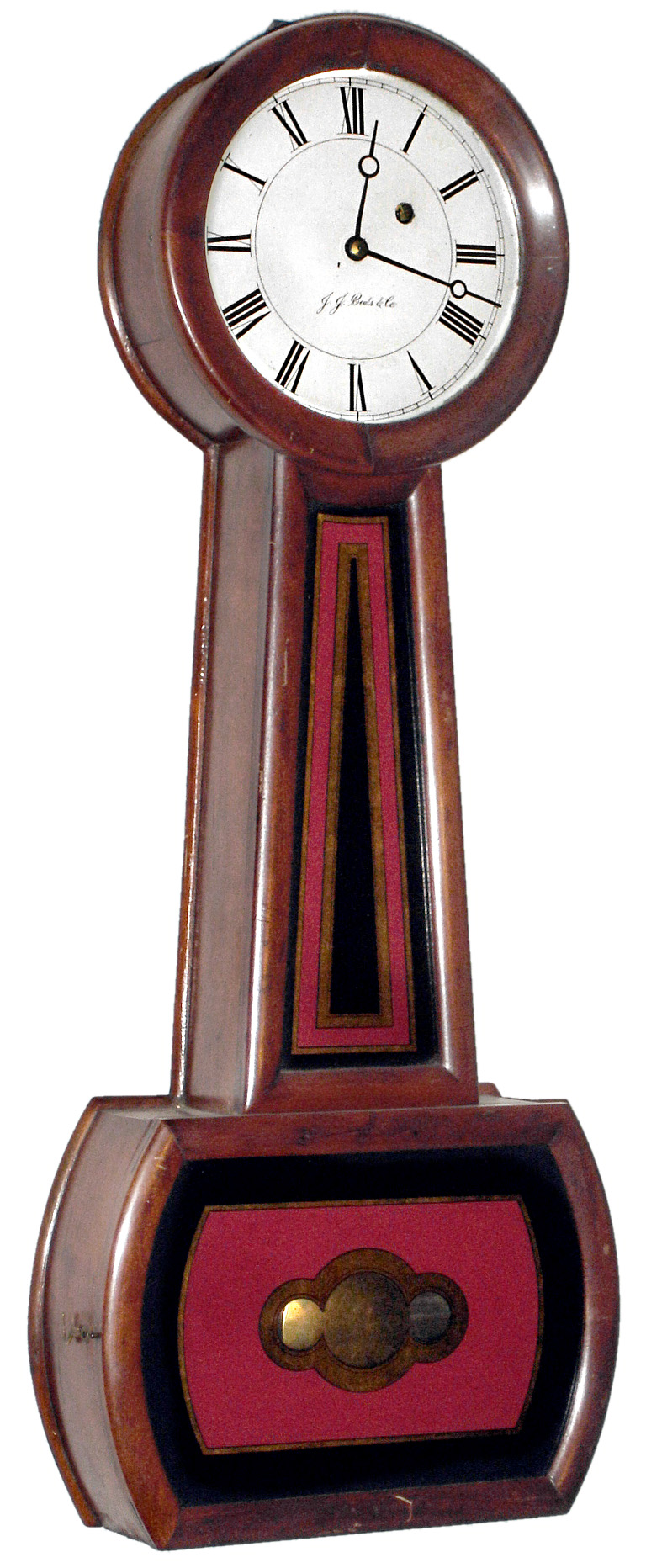 J. J. Beals Haymarket Square, Boston, mahogany 8 day weight driven banjo timepiece, dated 1862 — Antique Clocks Price Guide