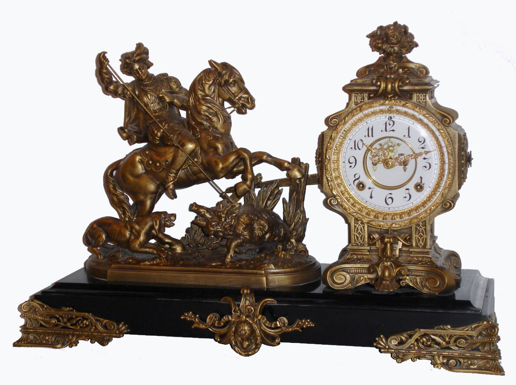 Ansonia Clock Co., New York, NY, "BOAR HUNTER" figural clock, showing the hunter mounted horseback with a long spear ready to lance the boar, now cornered by the dog, c1894 — Antique Clocks Price Guide