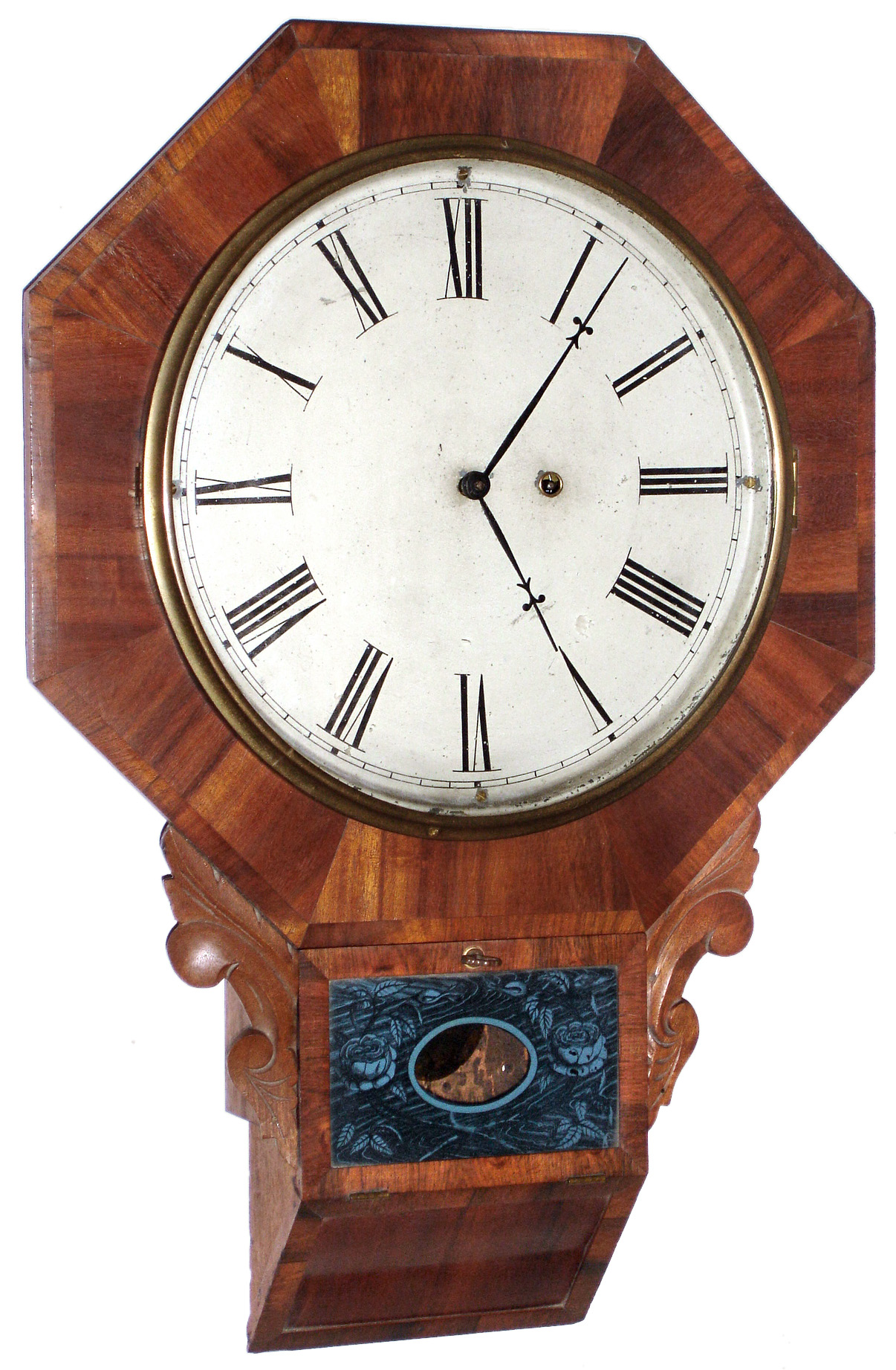 Waterbury Clock Co., Waterbury, Conn., "Drop Octagon" bevel bottom 8 day mahogany timepiece, c1875 — Antique Clocks Price Guide