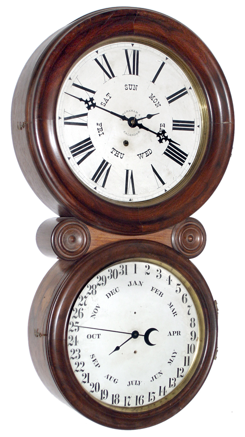 E. Ingraham and Co., Bristol, Conn., "Ionic Calendar" rosewood, 8 day, double dial hanging timepiece, c1886 — Antique Clocks Price Guide