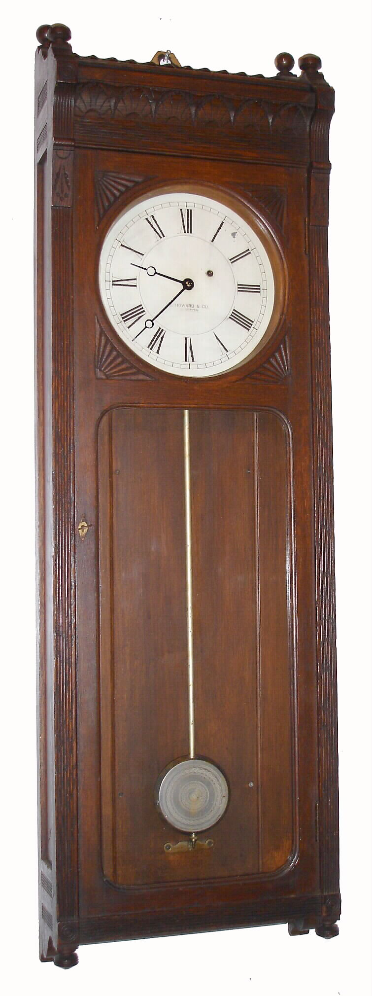 E. Howard and Co., Boston, Mass., "REGULATOR No. 58", 8-inch dial, in oak case, weight driven, 8-day, c1895 — Antique Clocks Price Guide