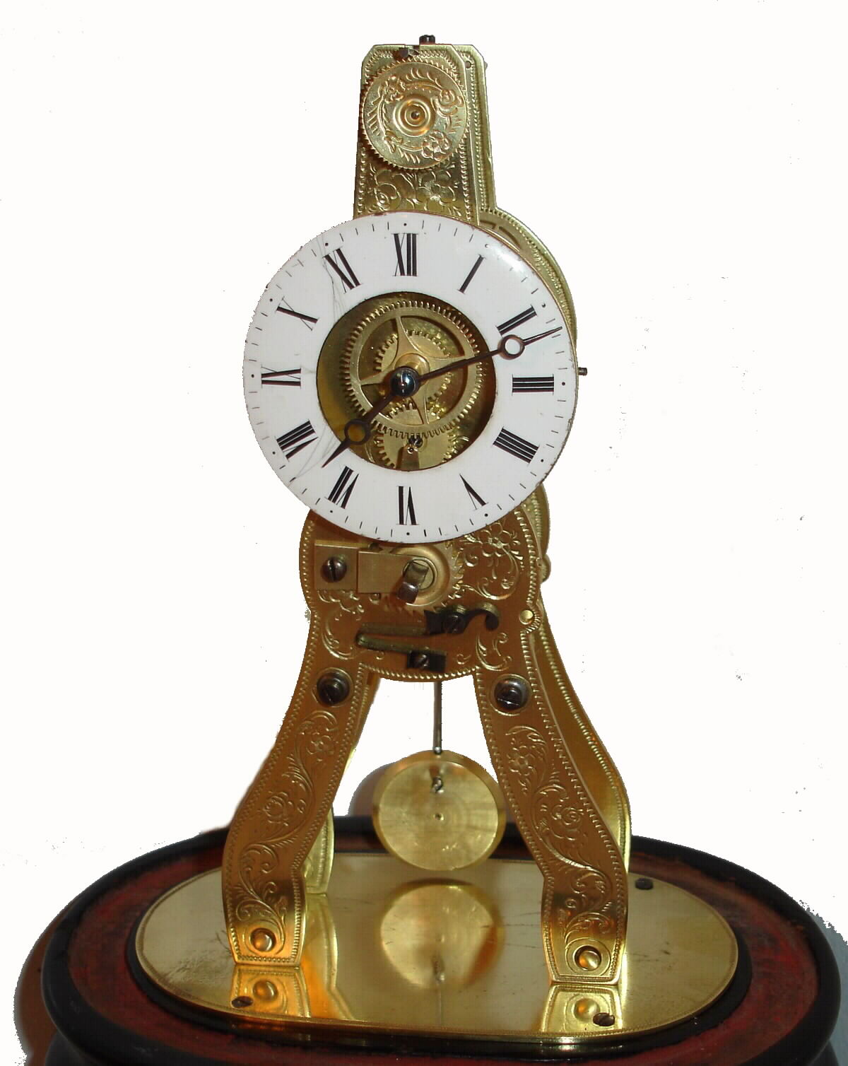 French, small timepiece skeleton with engraved plates, porcelain dial and moon hands, silk thread suspension c1855 — Antique Clocks Price Guide