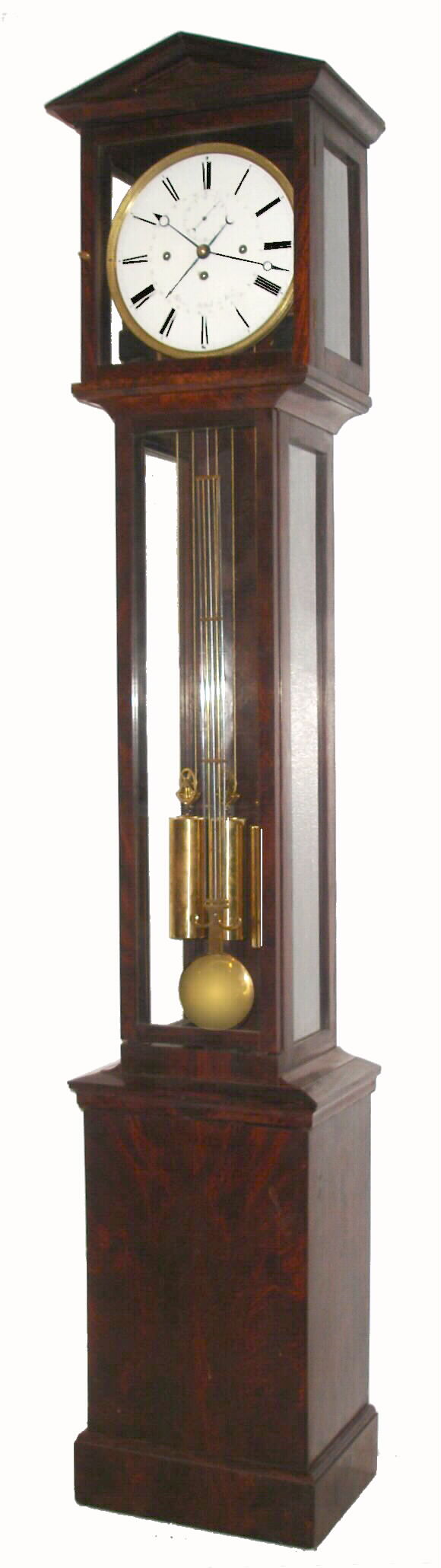 Austrian, floor clock or Bodenstanduhr, now with longer running, 3-wt Grand Sonnerie, with seconds hand and central calendar, the dial signed Johann Nellich in Wien,  in a 6- light case of provincial origin, with meter length grid pendulum, c1800 — Antique Clocks Price Guide