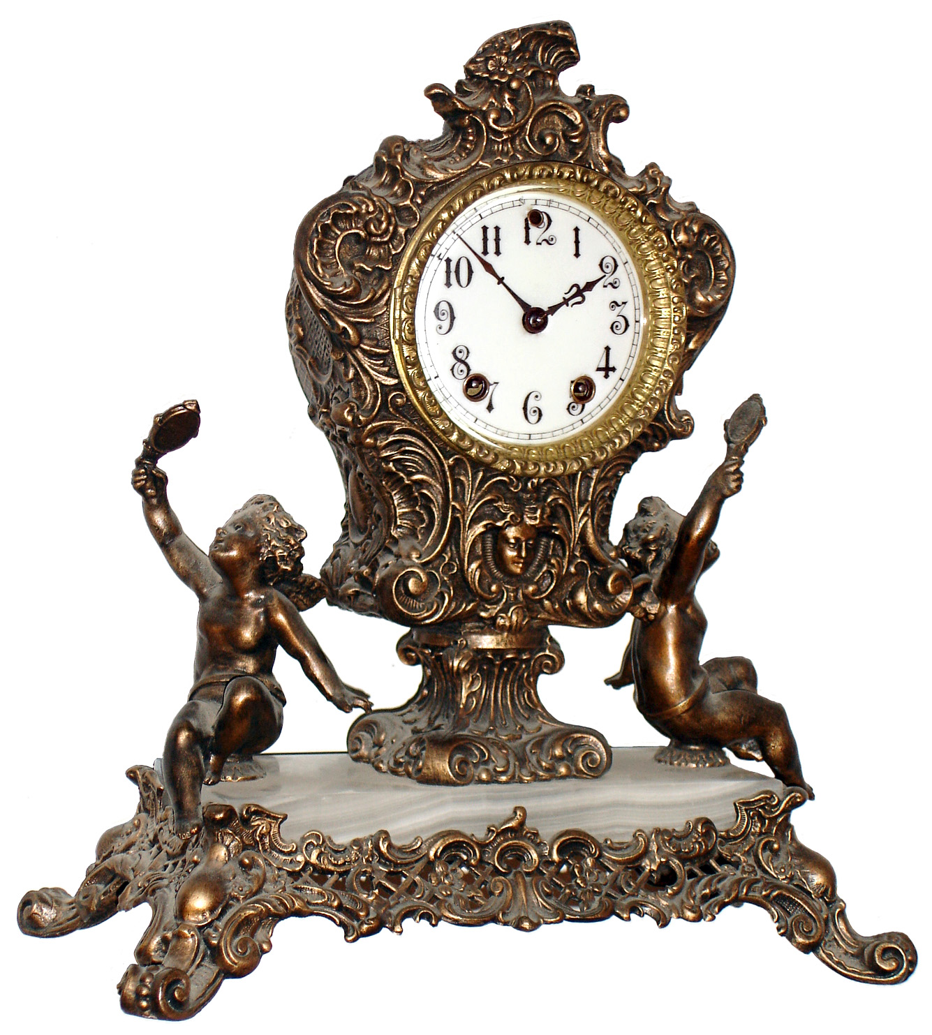 Wm. L. Gilbert Clock Co., Winsted, Conn., "Crown" cast metal and onyx, 8 day, time and strike, figural mantel clock, c1898 — Antique Clocks Price Guide