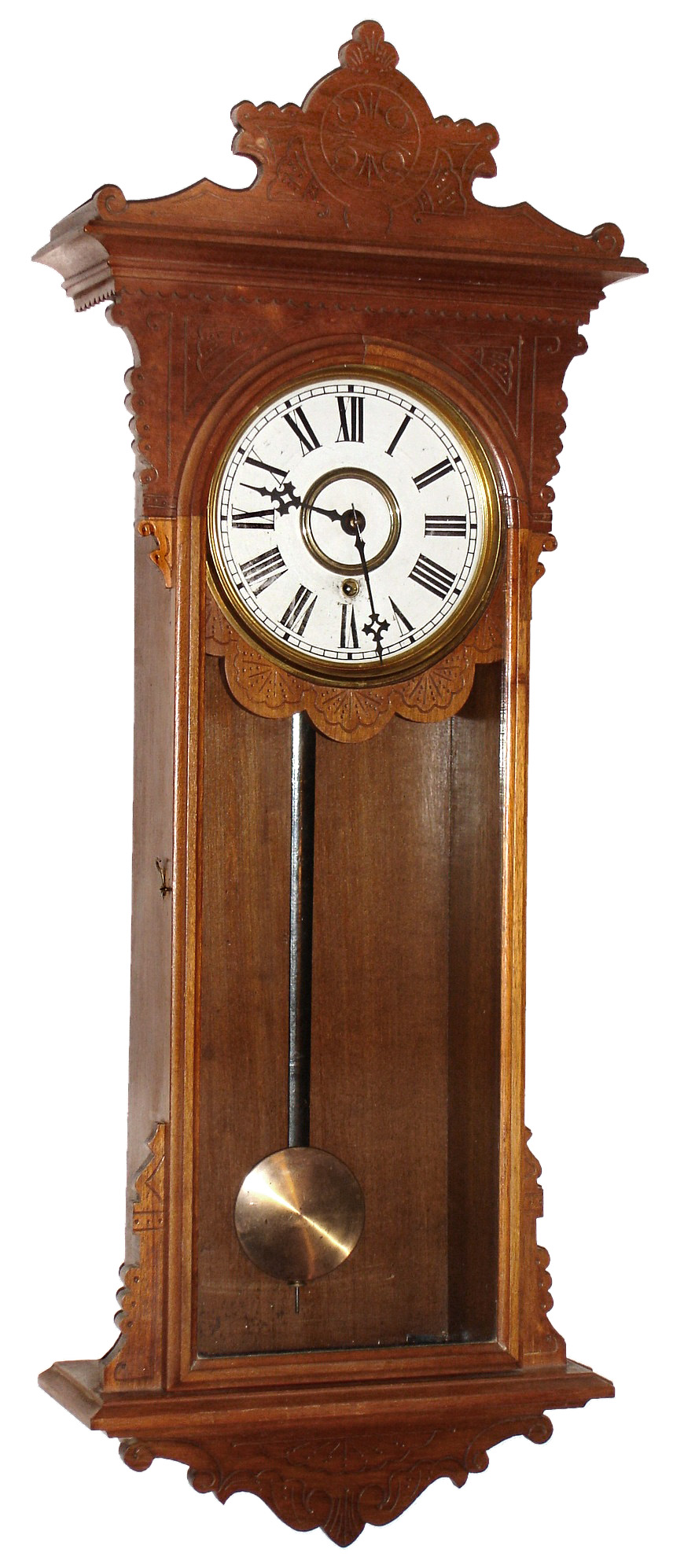 E.N. Welch Mfg. Co., Forestville, Conn., "Sembrich" walnut 8 day spring wound time only wall clock, c1890 — Antique Clocks Price Guide