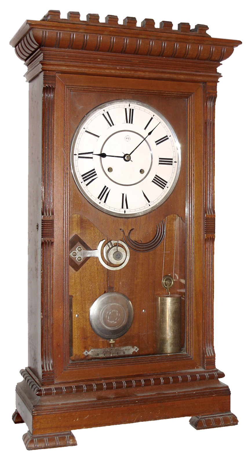 Seth Thomas Clock Co., Thomaston, Conn., "Garfield" mantel clock, 8 day, time and strike, weight driven movement in a walnut case with painted metal dial, damascened nickel plate pendulum bob and brass weights, c1890 — Antique Clocks Price Guide