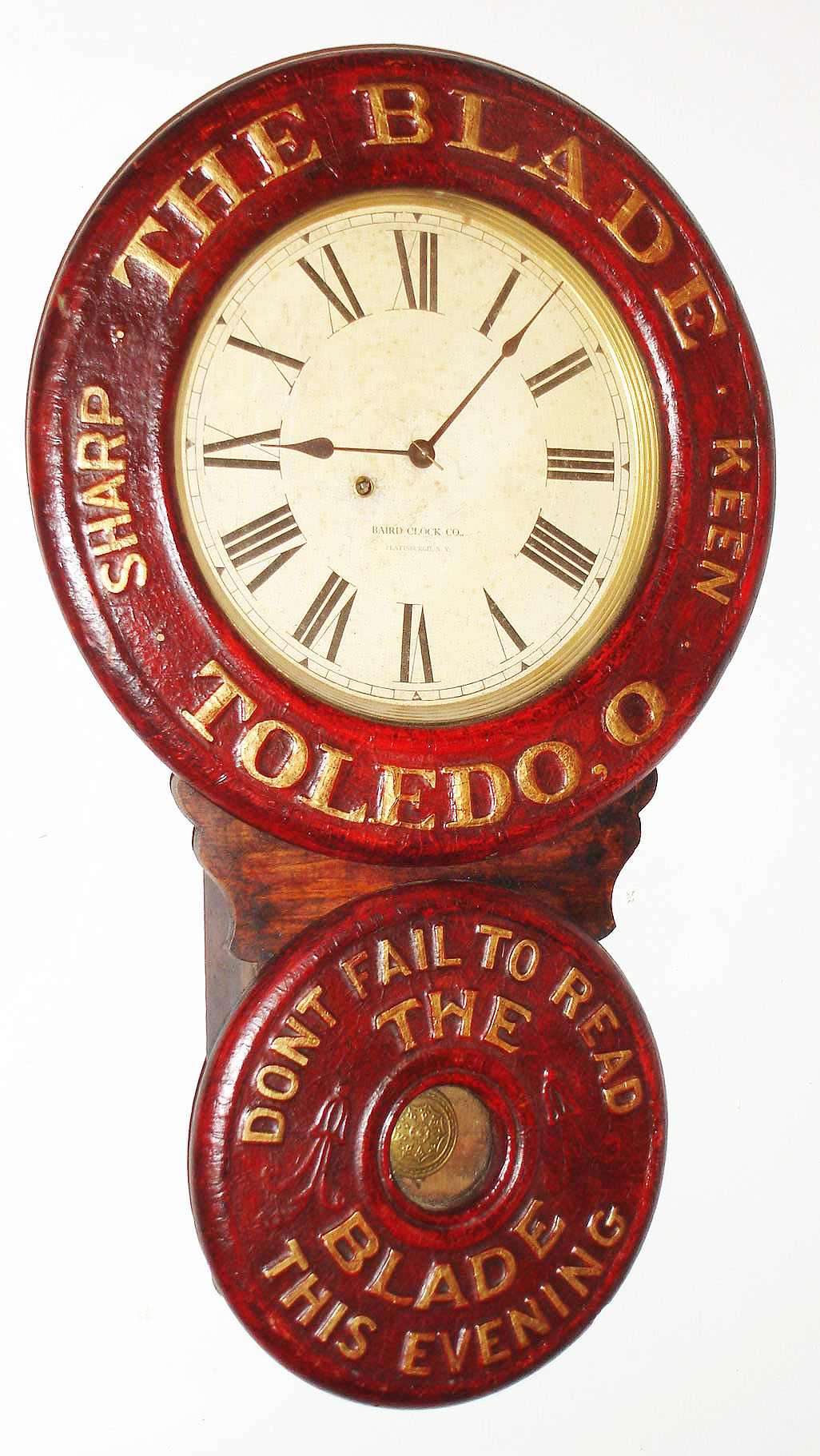 Baird Clock Co., Plattsburgh, NY, "The Blade, Toledo, Ohio" advertising wall clock, 8 day, time only, spring driven movement in wooden case with paper mache doors and paper dial, c1893 — Antique Clocks Price Guide