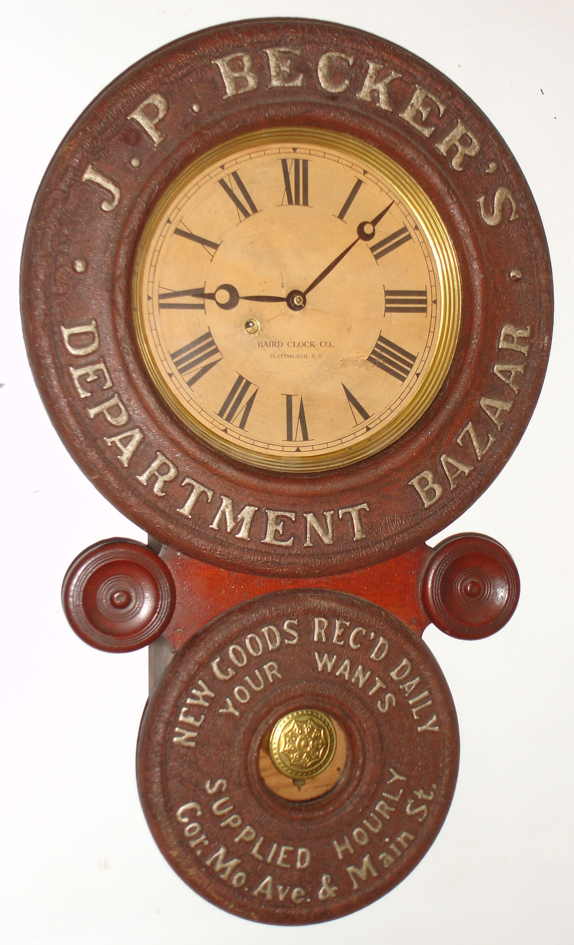 Baird Clock Co., Plattsburgh, NY, "J.P. Becker's Department Bazaar" miniature advertising wall clock, 8 day, time only, spring driven movement in wooden case with paper mache doors and paper dial, c1893 — Antique Clocks Price Guide