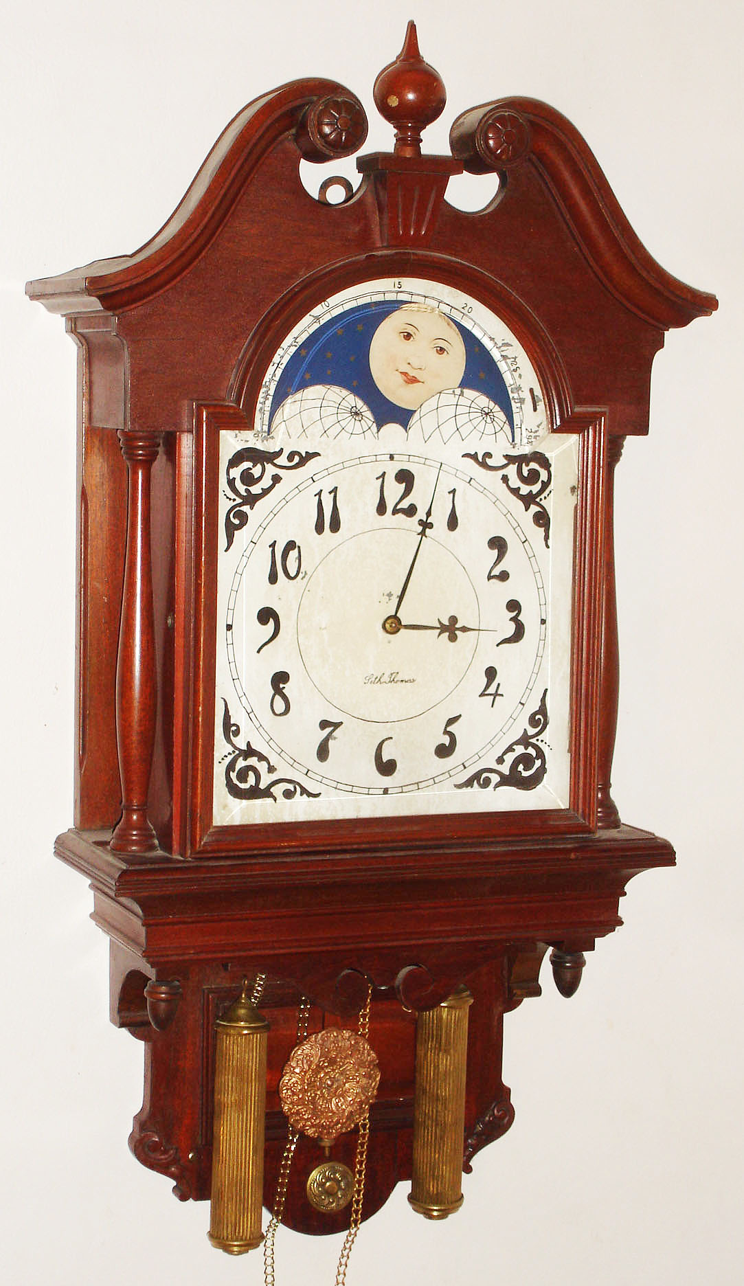 Seth Thomas Clock Co., Thomaston, Conn., "Lunar" mahogany, 8 day, time and strike, weight driven wall clock, c1894 — Antique Clocks Price Guide