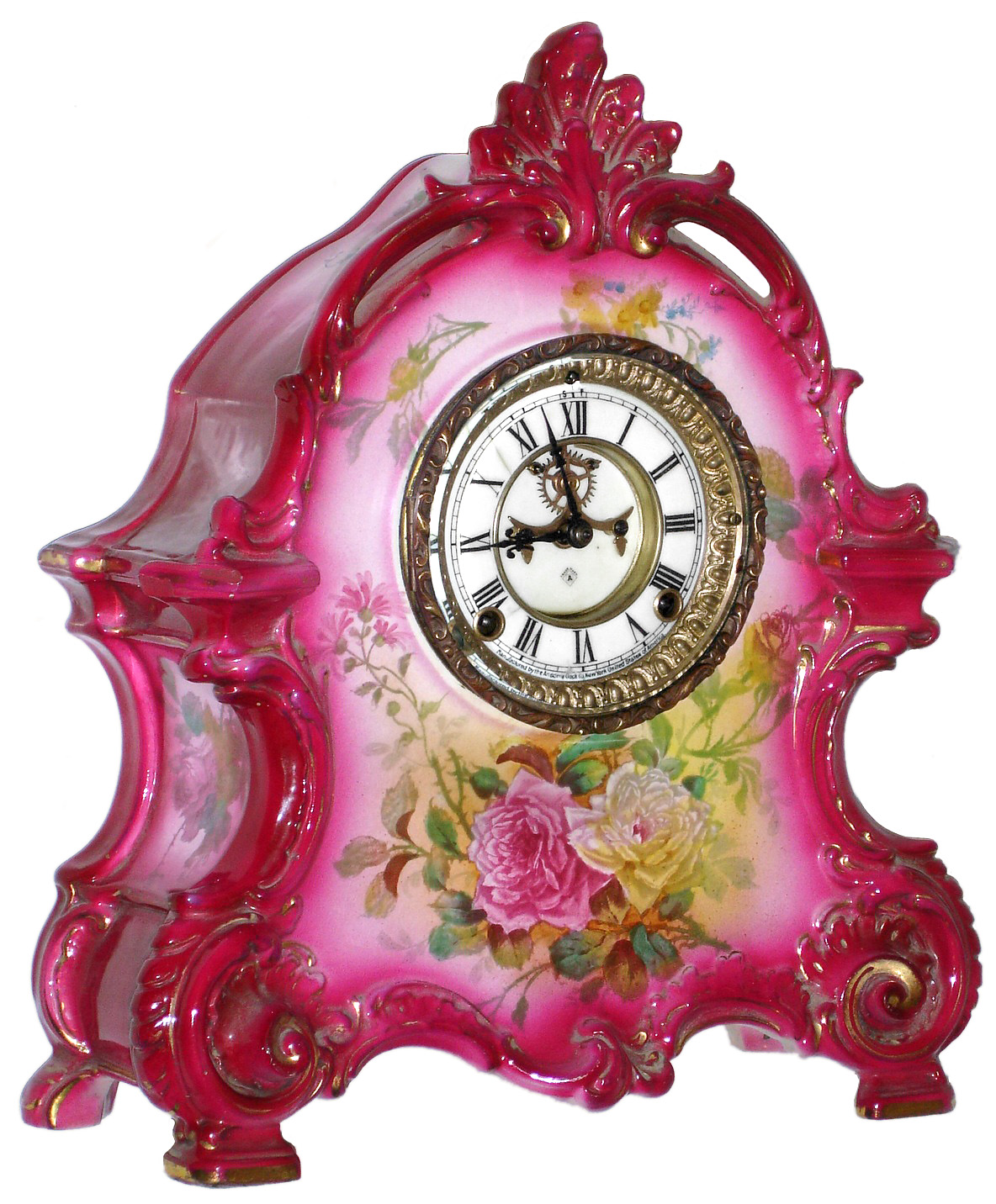 Ansonia Clock Co., New York, NY, "La Bretagne" Royal Bonn, 8 day, time and strike, porcelain mantel clock with visible escapement, c1895 — Antique Clocks Price Guide