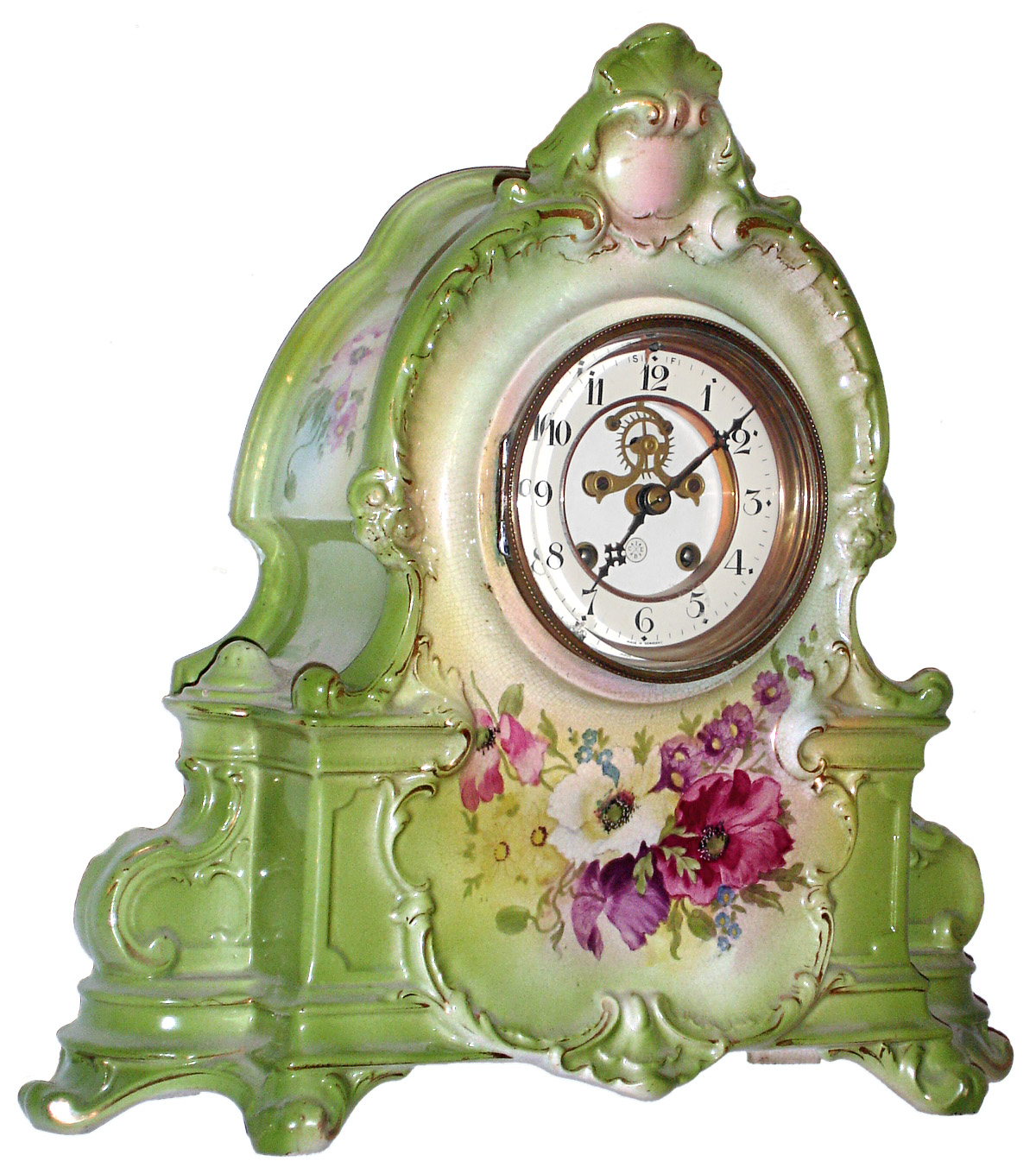 Asian/German, 8 day, time and strike, porcelain mantel clock with visible escapement, 20th century — Antique Clocks Price Guide
