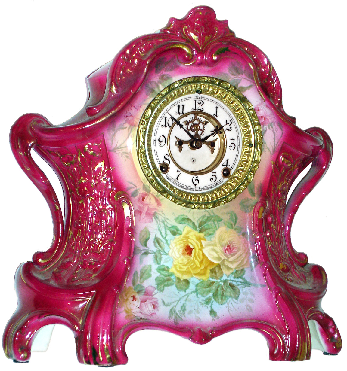 Ansonia Clock Co., New York, NY, "La Layon" Royal Bonn, 8 day, time and strike, porcelain mantel clock with visible escapement, c1904 — Antique Clocks Price Guide