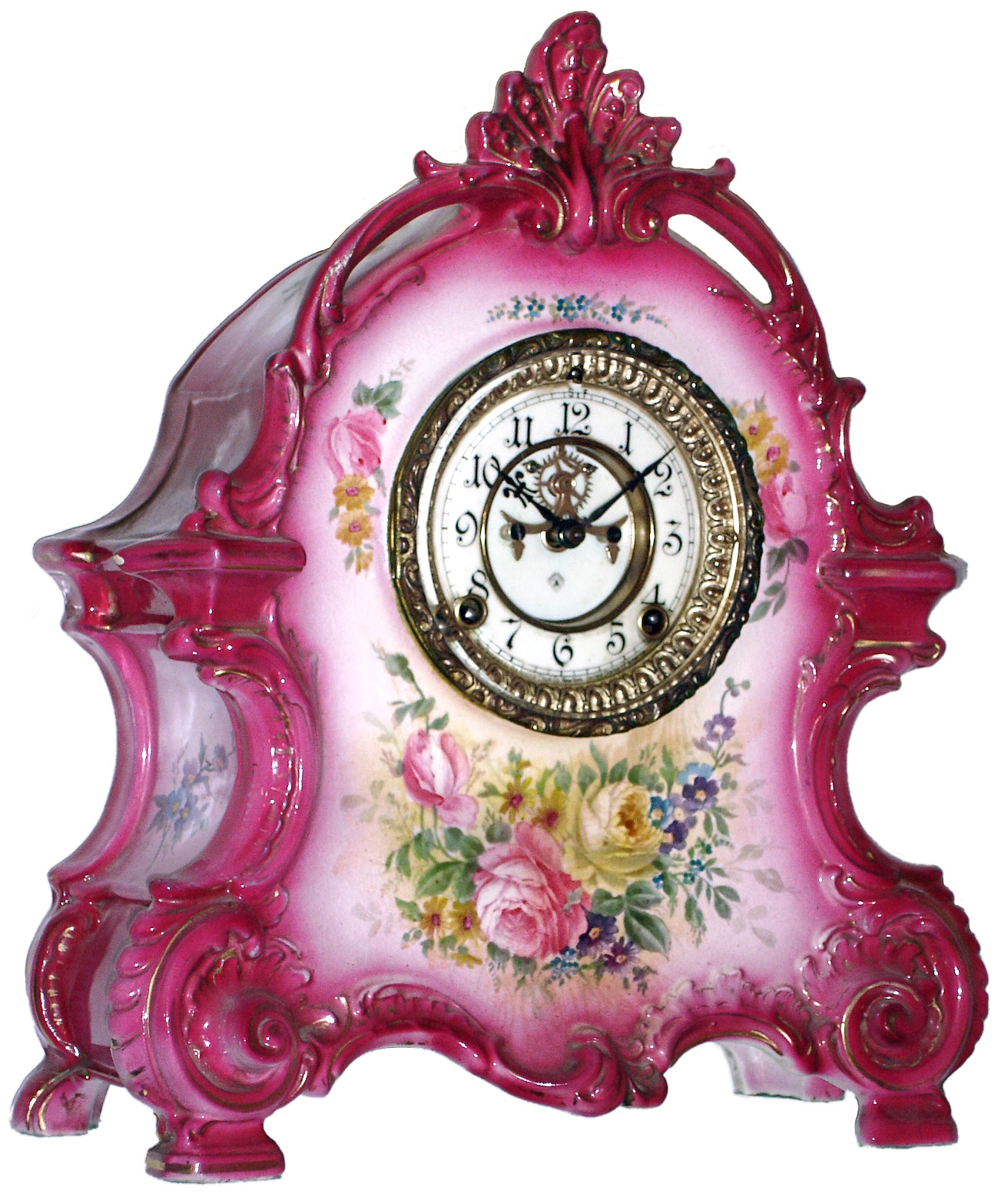 Ansonia Clock Co., New York, NY, "La Bretagne" Royal Bonn time and strike porcelain mantel clock with visible escapement, c1904 — Antique Clocks Price Guide