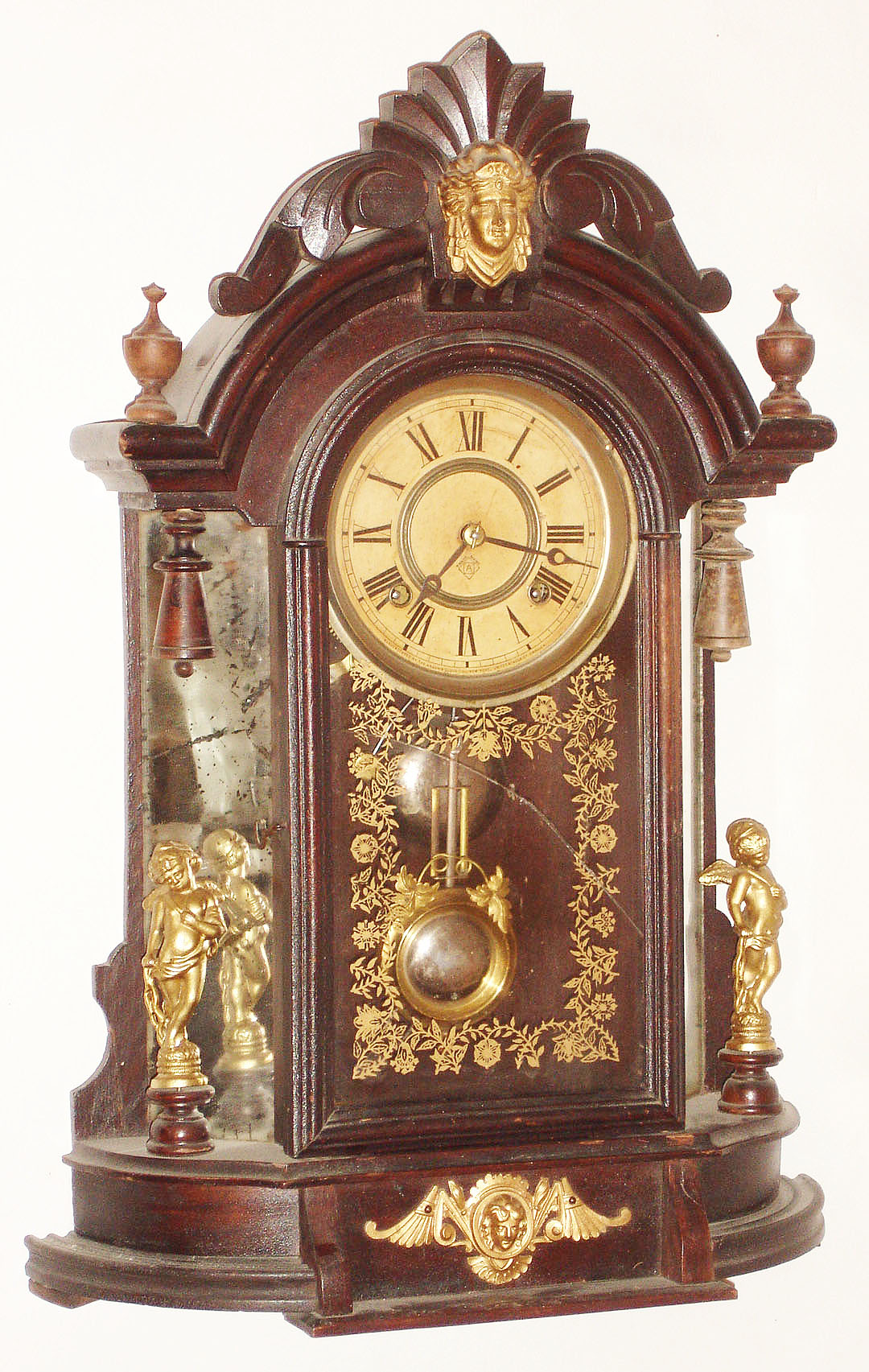 Ansonia Clock Co., New York, NY, "Triumph" black walnut mirror side, 8 day, time and strike, mantel clock, c1880 — Antique Clocks Price Guide