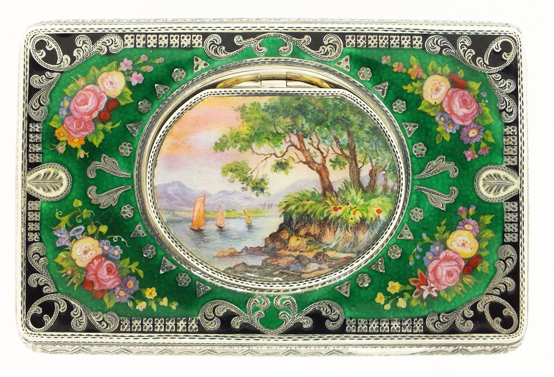 German bird box with engraved sterling silver case, top with engraved border and colorful enamel with floral decoration, the lid with a colorful rural landscape with sailboats on a lake, the bird with multi colored feathers, with original key, late 20th century — Antique Clocks Price Guide