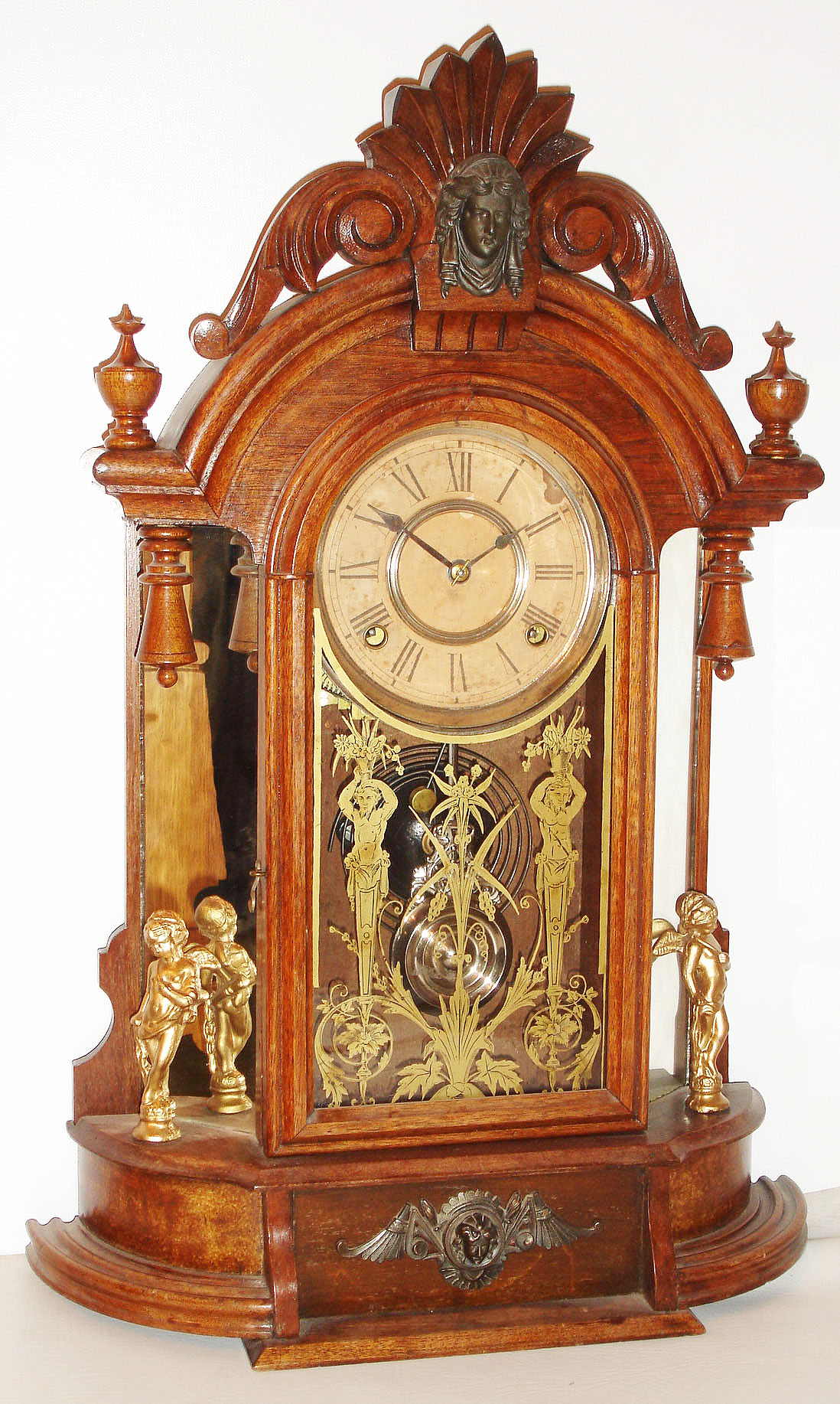 Ansonia Clock Co., New York, NY, "Triumph" walnut, 8 day, time and strike, mantel clock, c1880 — Antique Clocks Price Guide