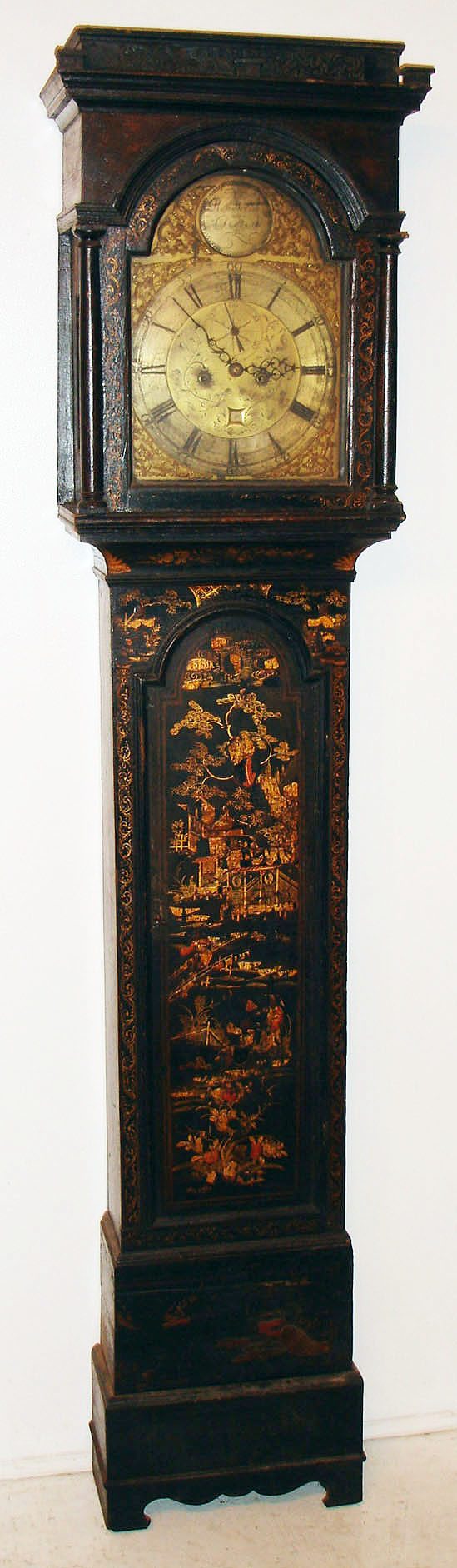 Robert Welsh, Dalkeith, Scotland tall clock, 8 day, time and bell strike, weight driven movement in an earlier Chinoiserie decorated case with gold stenciled sides and engraved brass dial with brass spandrels and boss with maker's signature and location, c1770 — Antique Clocks Price Guide