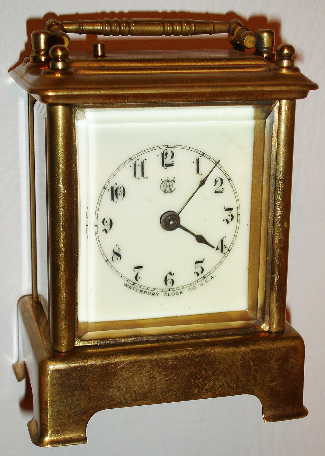 Waterbury Clock Co., Waterbury, Conn., "Conductor", 30 hour, time and strike, with repeat carriage clock, c1893. — Antique Clocks Price Guide