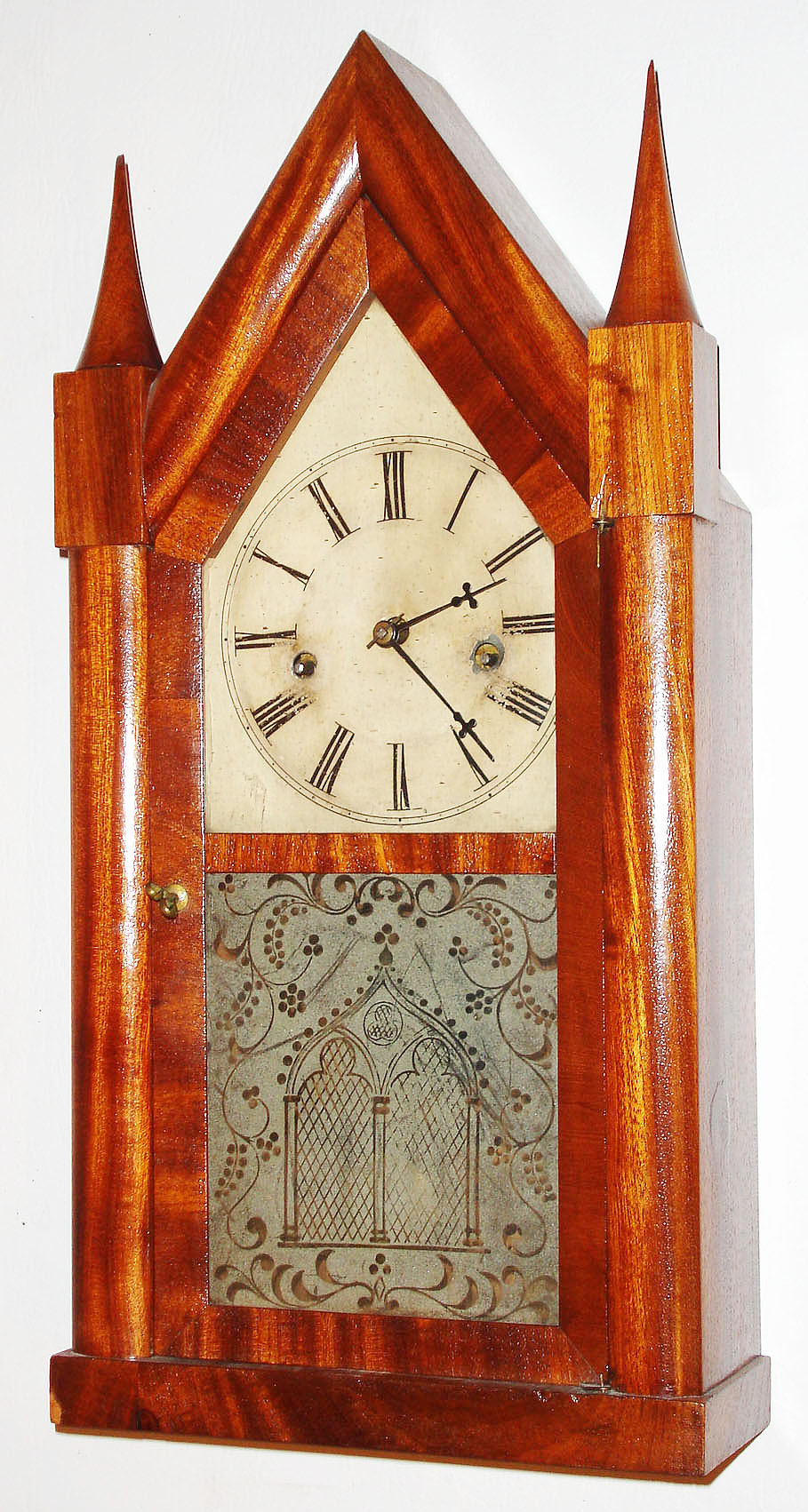 Elisha Manross, 30 hour, time and strike, steeple or sharp gothic mantel clock, c1850 — Antique Clocks Price Guide