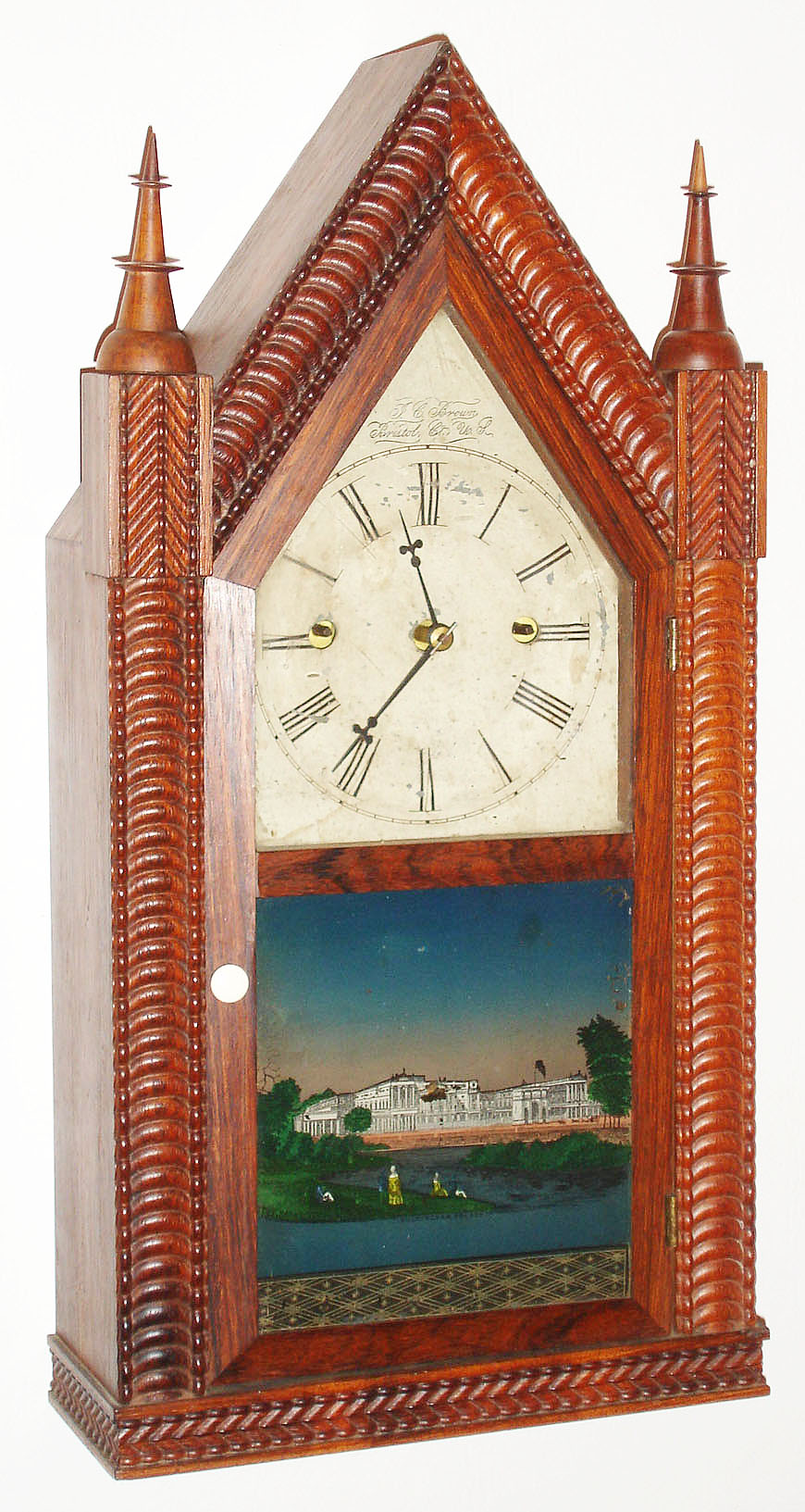 Forestville Manufacturing Co., J.C. Brown, 30 hour, time and strike, fusee movement ripple molding steeple or sharp gothic mantel clock, c1853 — Antique Clocks Price Guide