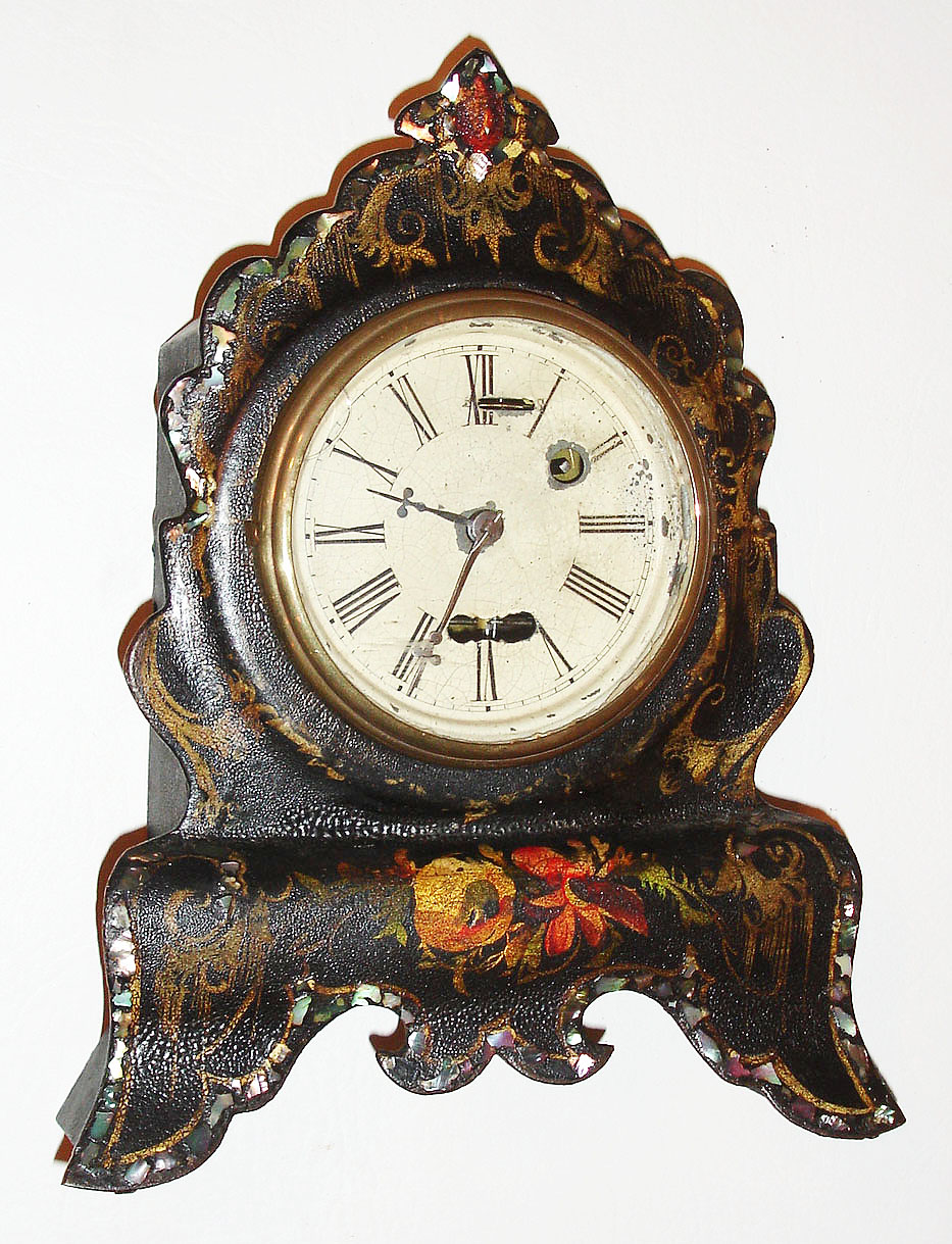 Terryville Mfg. Co., Terryville, Conn., 30 hour, torsion pendulum iron front mantel timepiece, c1852 — Antique Clocks Price Guide