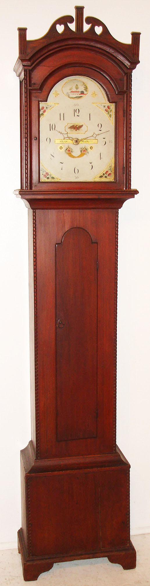 Silas Hoadley, Plymouth, Conn., tall clock, 8 day, time and bell strike, weight driven wooden works movement in a pine case with painted wood dial, c1815 — Antique Clocks Price Guide