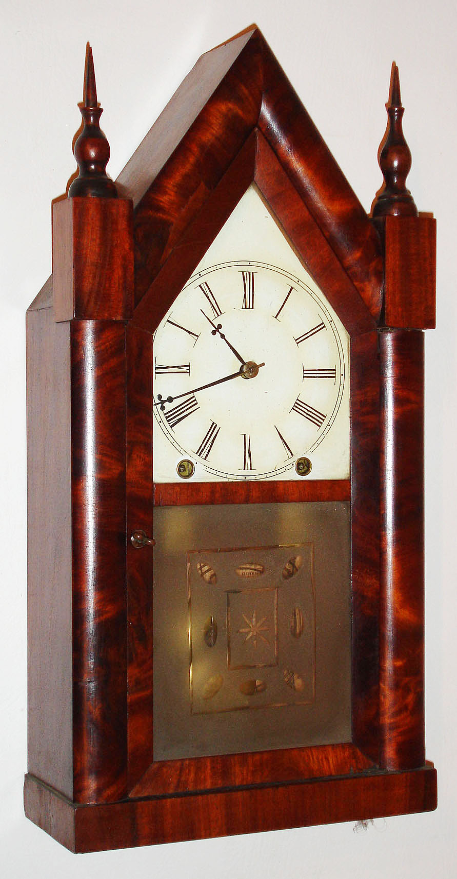 E. and A. Ingraham, Ansonia, Conn., (Late Brewster and Ingrahams), 8 day, time and strike steeple or sharp gothic mantel clock, c1856 — Antique Clocks Price Guide