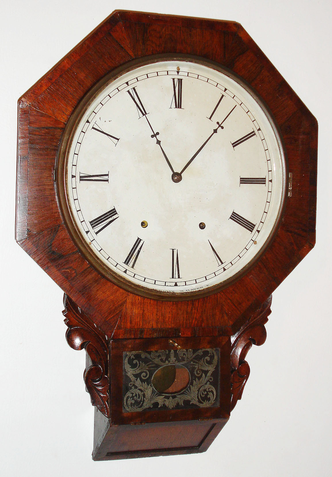 Chauncey Jerome, New Haven, Conn., 8 day, time and strike short drop octagon wall clock, c1850 — Antique Clocks Price Guide