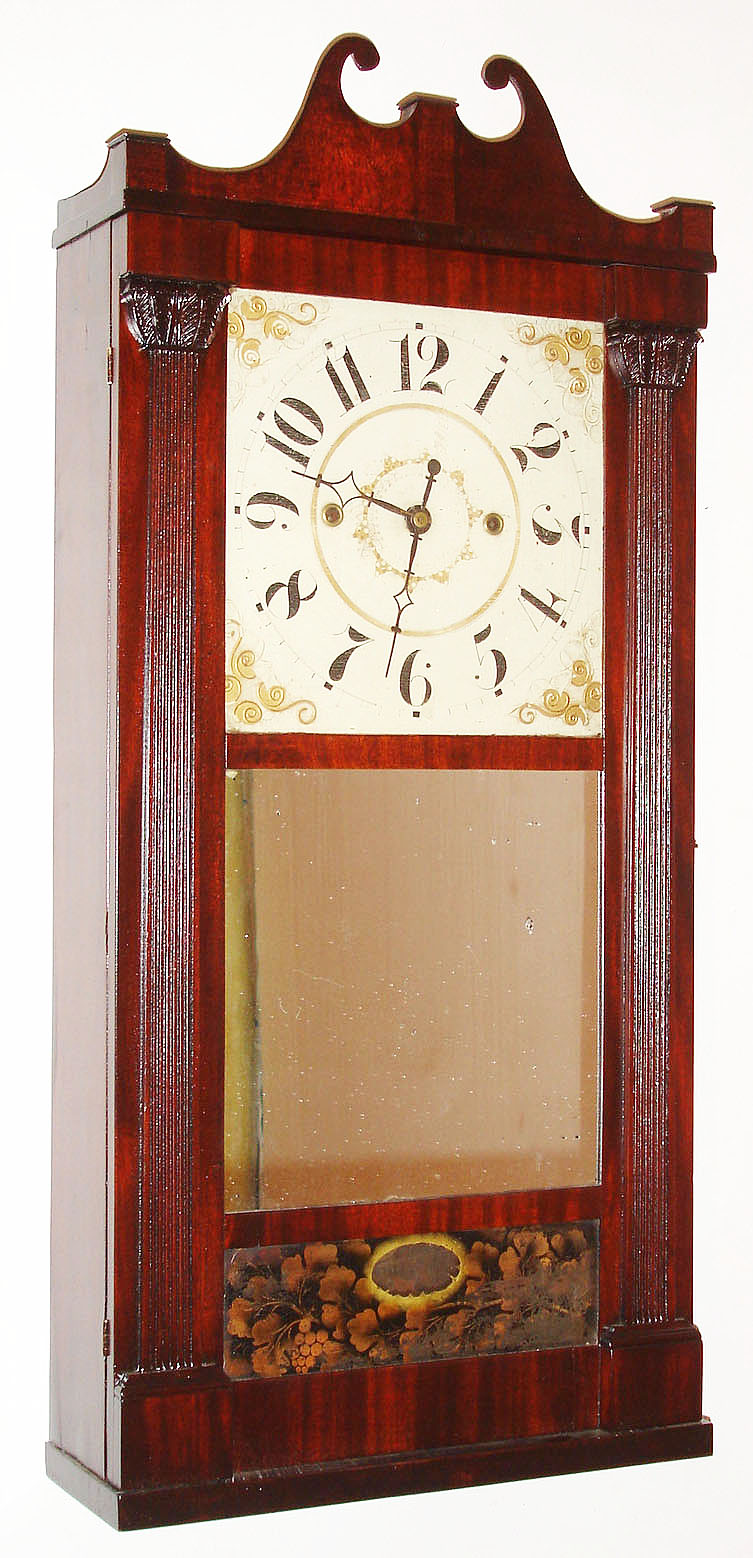 Jeromes and Darrow, Bristol, Conn., 30 hour, time and strike, wood movement reeded pilaster and scroll top shelf clock, c1830 — Antique Clocks Price Guide