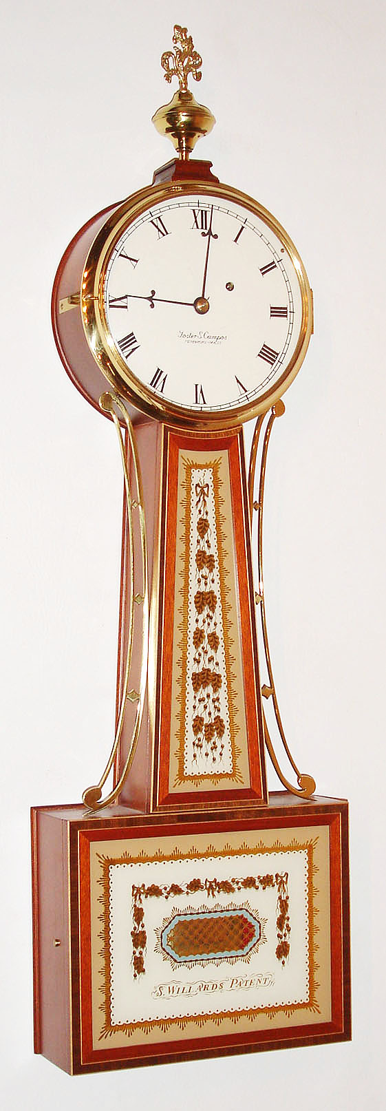 Foster Campos, Pembroke, Mass., 8 day, banded and inlayed mahogany case banjo or Patent time piece with reverse painted tablets, signed dial, movement, case and weight. No. 5 made in 2005. — Antique Clocks Price Guide