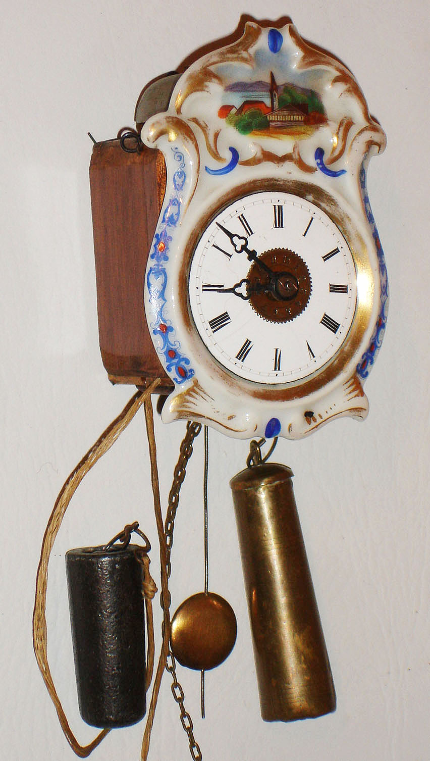 German, miniature Jockele clock, porcelain front, 30 hour time and alarm, c1870 — Antique Clocks Price Guide