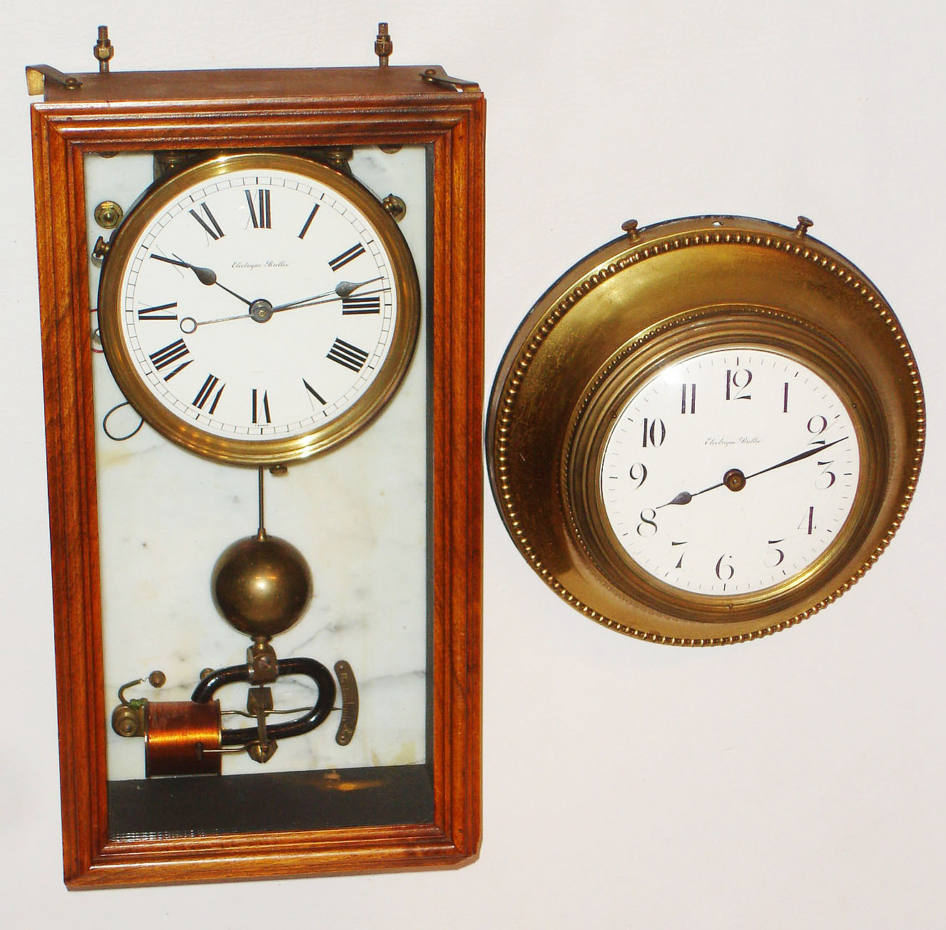 French, Electrique Brillie, battery master timepiece, with center seconds hand, and associated round brass slave clock c1920 — Antique Clocks Price Guide
