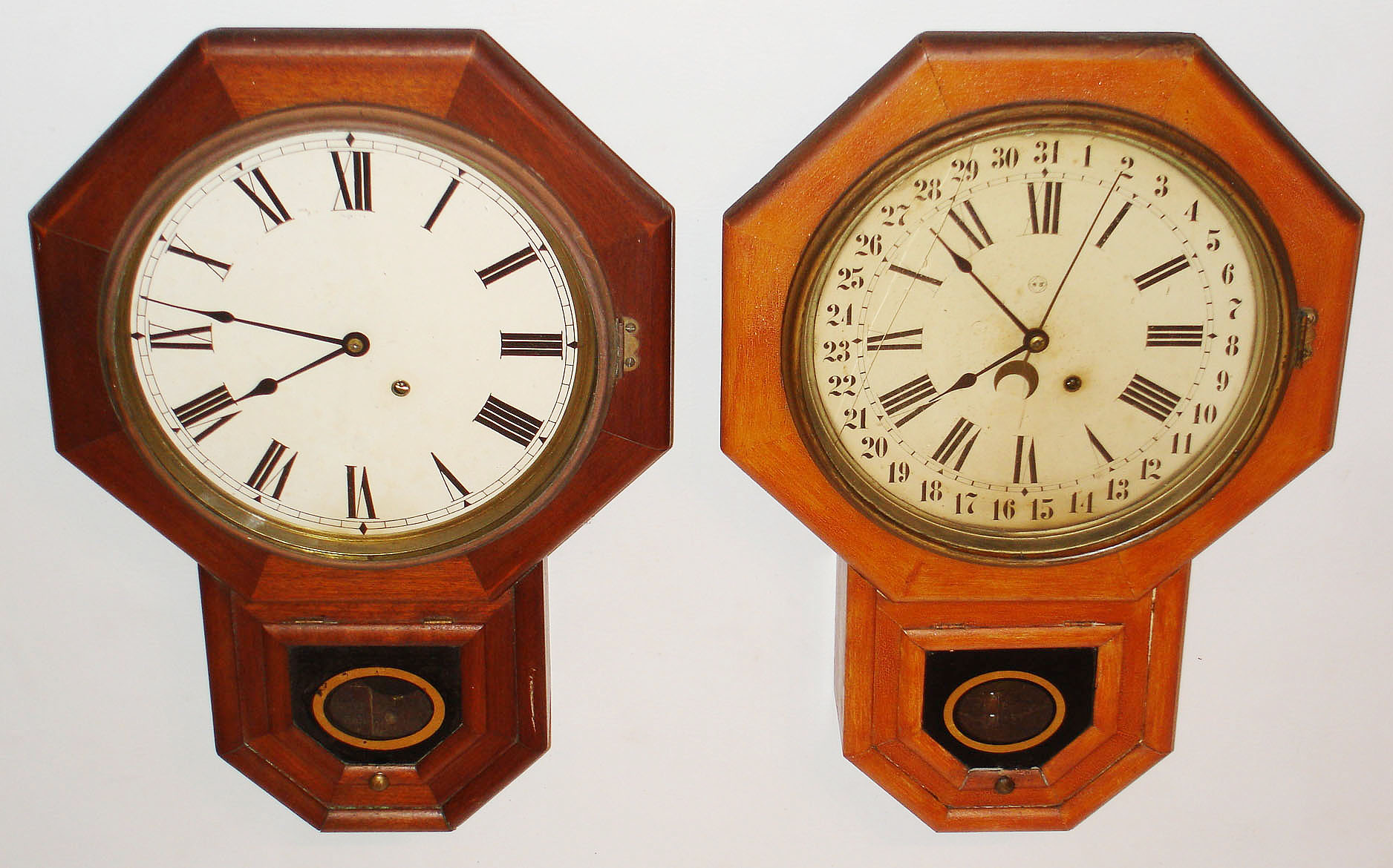 Clocks- 2 (Two) Seth Thomas Clock Co., Thomaston, Conn., 8 day, time only, "Drop Octagon 12 Inch" wall clocks, c1885 — Antique Clocks Price Guide