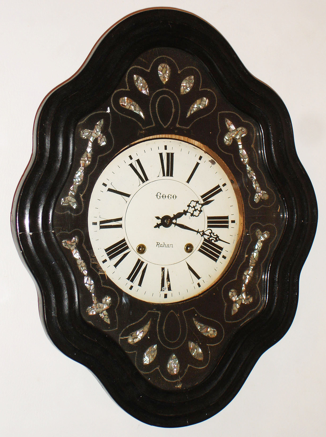 French Morbier "Gogo, Rohan" bakery clock, ebonized wood with mother-of-pearl inlay, 8 day time and strike, c1900 — Antique Clocks Price Guide