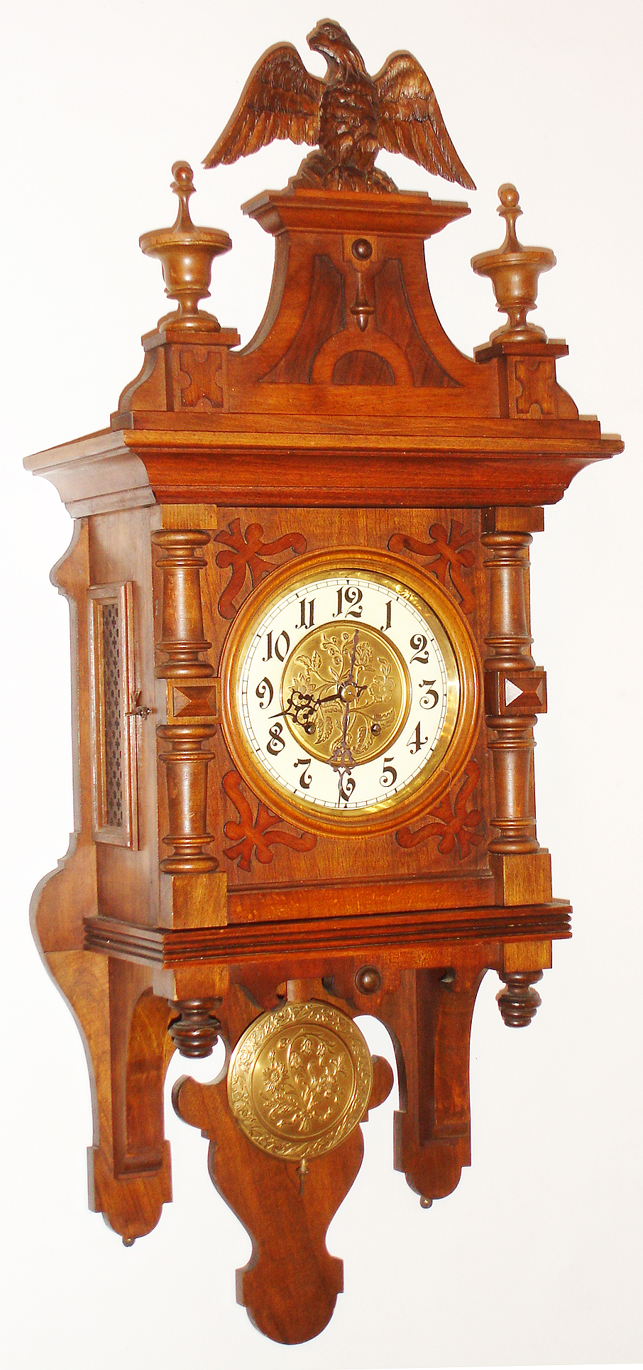 L. Furtwangler and Sohne Germany, 8 day time and quarter-strike free-swinger walnut wall clock, c1920 — Antique Clocks Price Guide