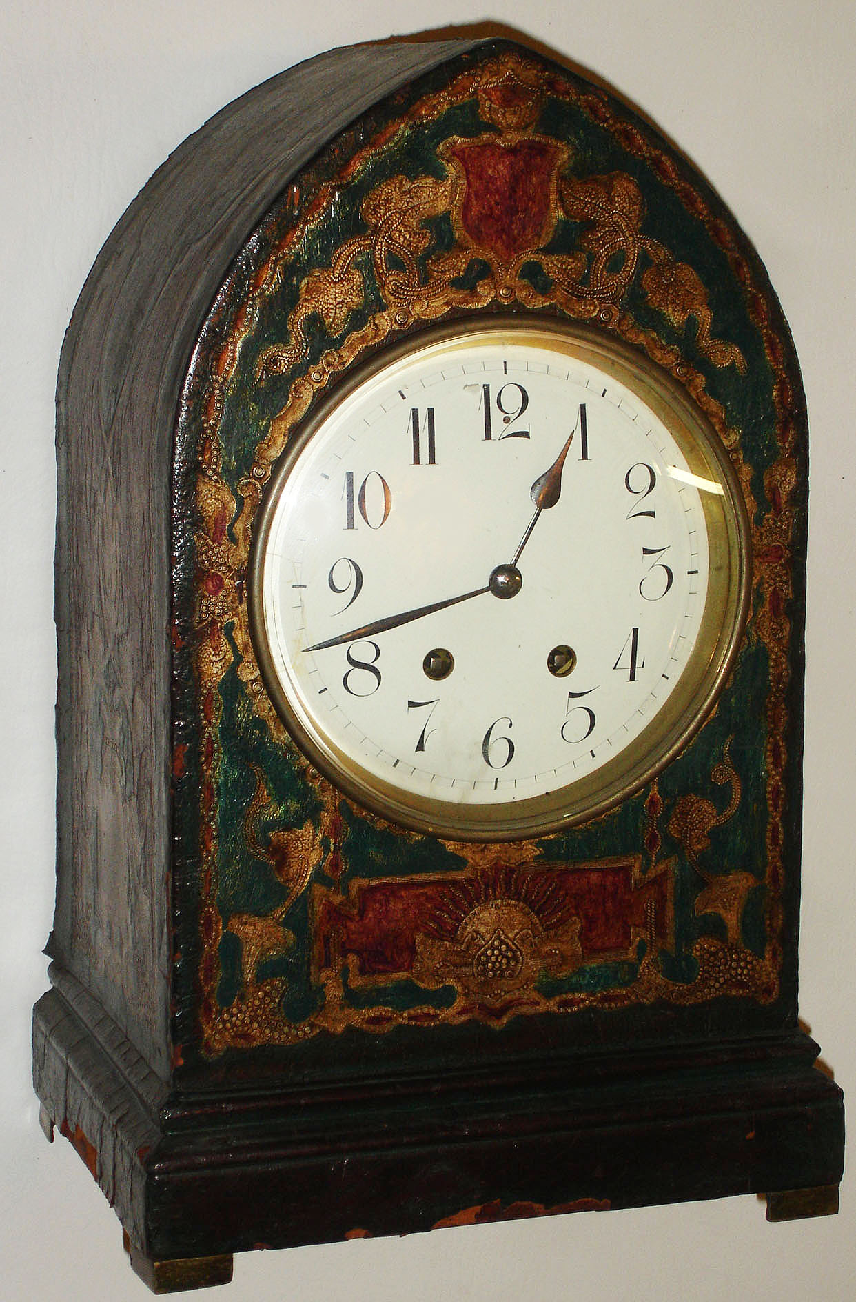 French leather-covered wood, 8 day, time and strike, bracket clock, works stamped "Sonnerie Progres", c1880 — Antique Clocks Price Guide