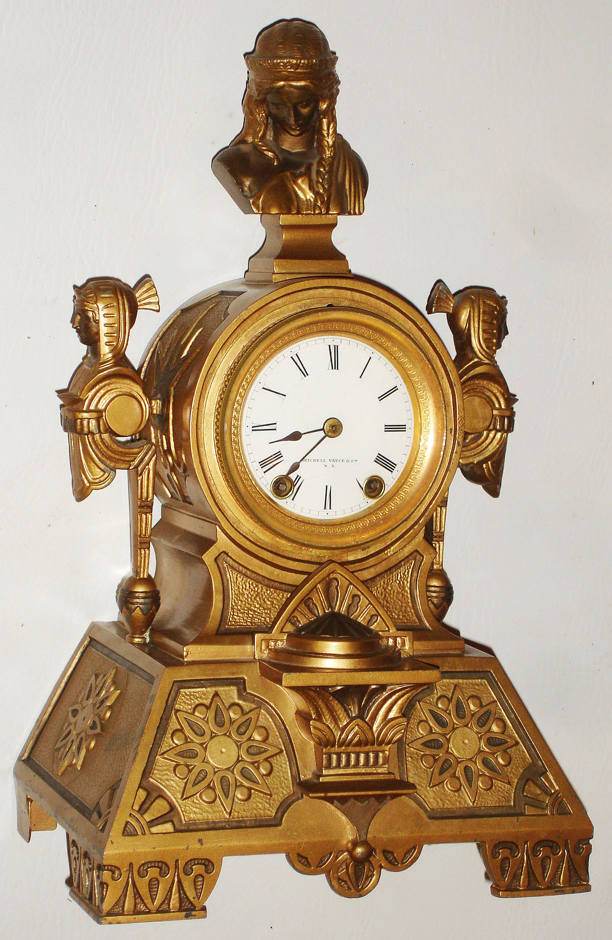 Seth Thomas and Sons, Thomaston, Conn., "No. 8030" cast metal figural case with French bronze finish, 15 day time and strike mantel clock, c1874 — Antique Clocks Price Guide