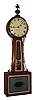 Elmer O. Stennes, Weymouth, Mass., "Experimental Banjo No. 2" wall clock, 8 day, time only, weight driven movement in a cross banded inlaid mahogany case with reverse painted throat and lower tablets and a painted metal dial signed "Elmer O. Stennes WEYMOUTH Mass.SS.", s#30, dated 1972