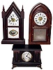 Clocks- 3 (Three) Connecticut wood time and strike mantel clocks: Terry and Andrews 8 day beehive with alarm; Waterbury 30 hour steeple with alarm; Sessions black 8 day;  mid 19th and early 20th centuries