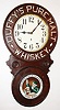 New Haven Clock Co., New Haven, Conn., advertising wall clock for "DUFFY'S PURE MALT WHISKEY", 8 day, time only, spring driven movement in a painted wood case with silk screened lower glass advertising "ABSOLUTELY PURE AND UNADULTERATED TRADEMARK" and painted metal dial, c1910