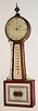 Boston area banjo wall clock, 8 day, time only, weight driven T-bridge movement in a mahogany case with string inlay and reverse painted tablets in throat and lower door and painted metal dial and barb hands, c1805