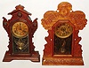 Clocks- 2 (Two) E. Ingraham, Bristol, Conn., 8 day, time and strike, shelf clocks: walnut parlor clock; "Gila" oak kitchen clock with alarm; late 19th century