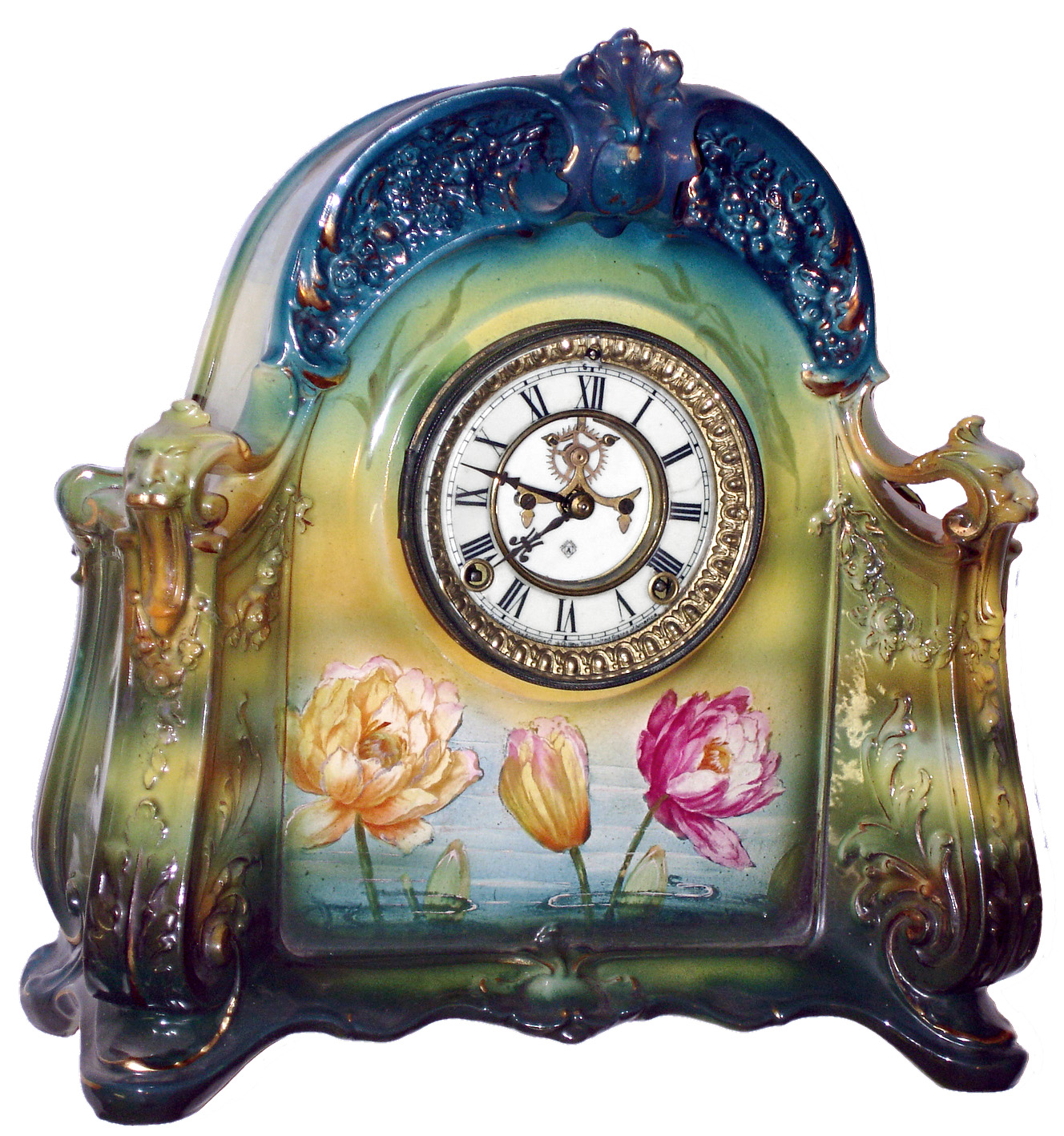 Ansonia Clock Co., New York, NY, "La Saone" Royal Bonn, 8 day, time and strike, porcelain mantel clock with visible escapement, c1902 — Antique Clocks Price Guide